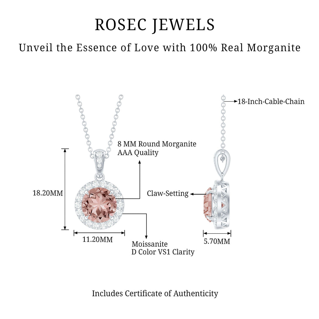 Natural 8mm Peach Morganite Solitaire Necklace With Silver Chain