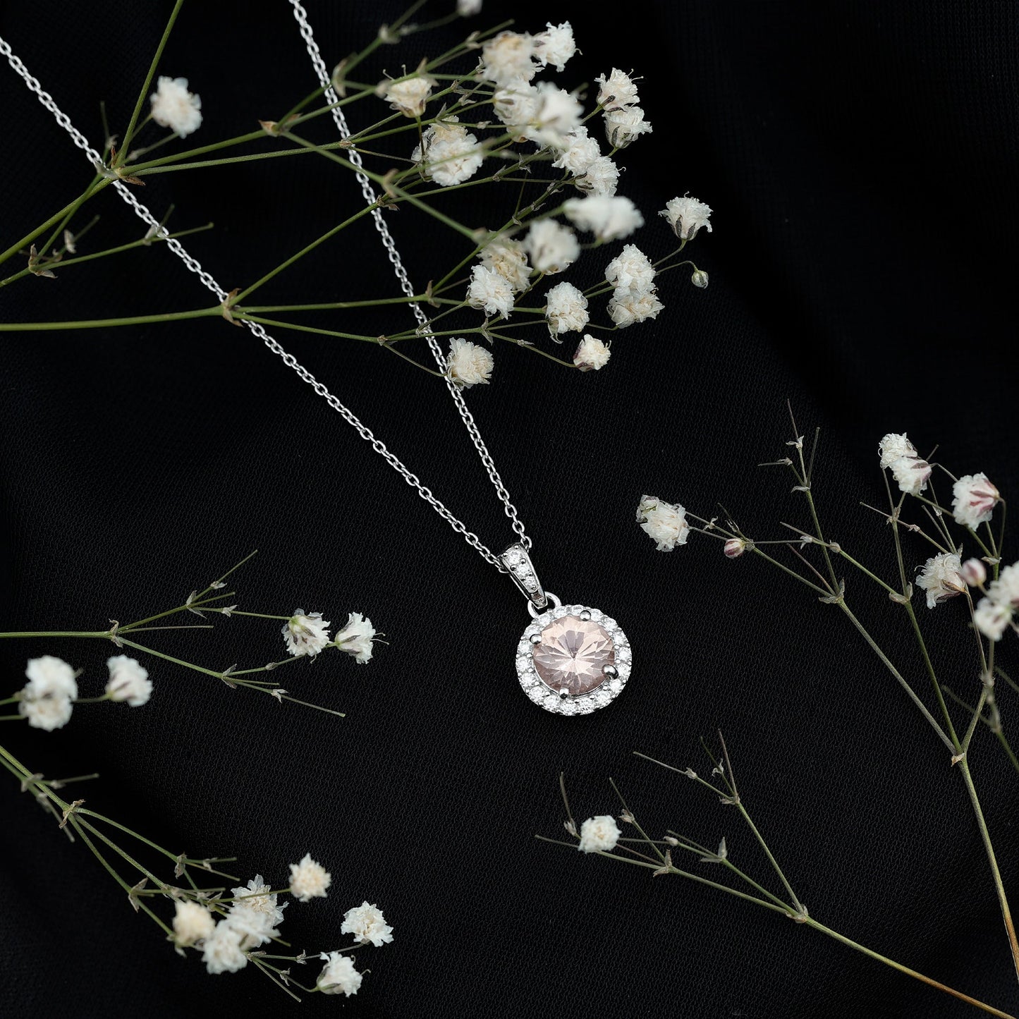 Natural 8mm Peach Morganite Solitaire Necklace With Silver Chain