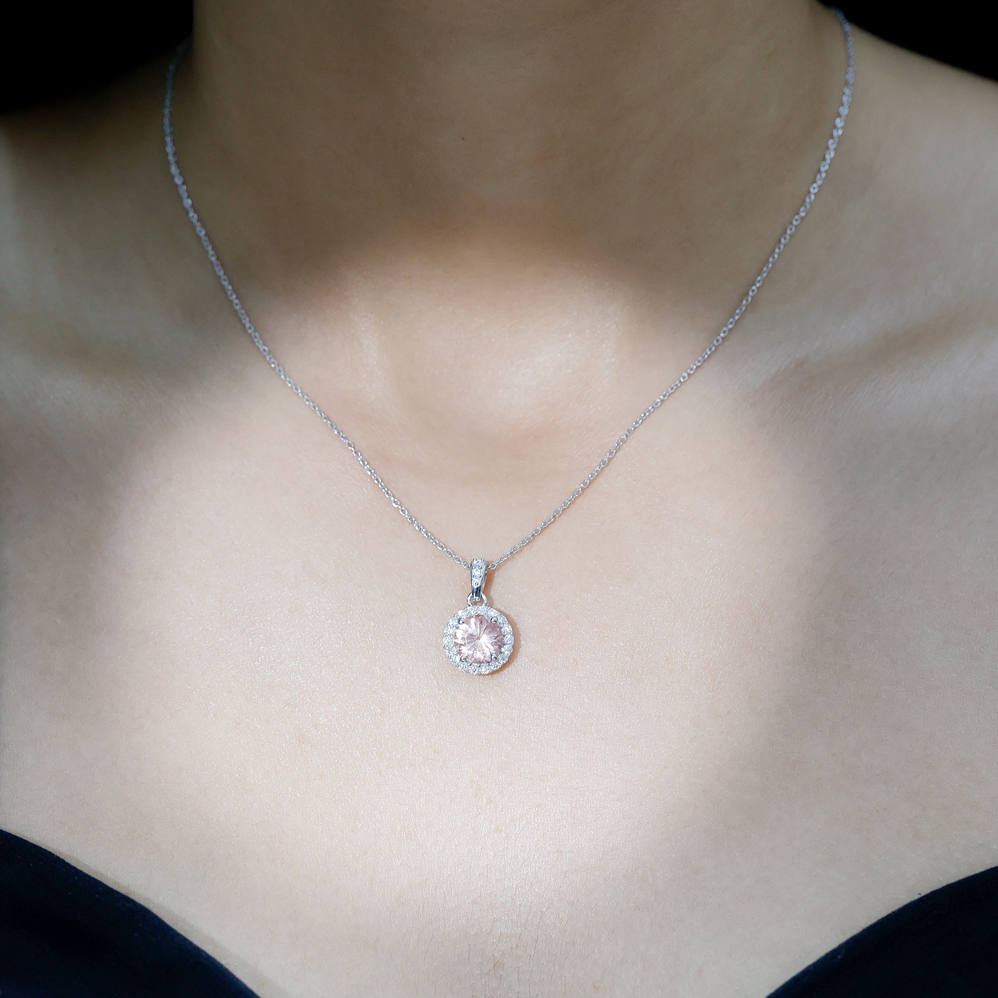 Natural 8mm Peach Morganite Solitaire Necklace With Silver Chain