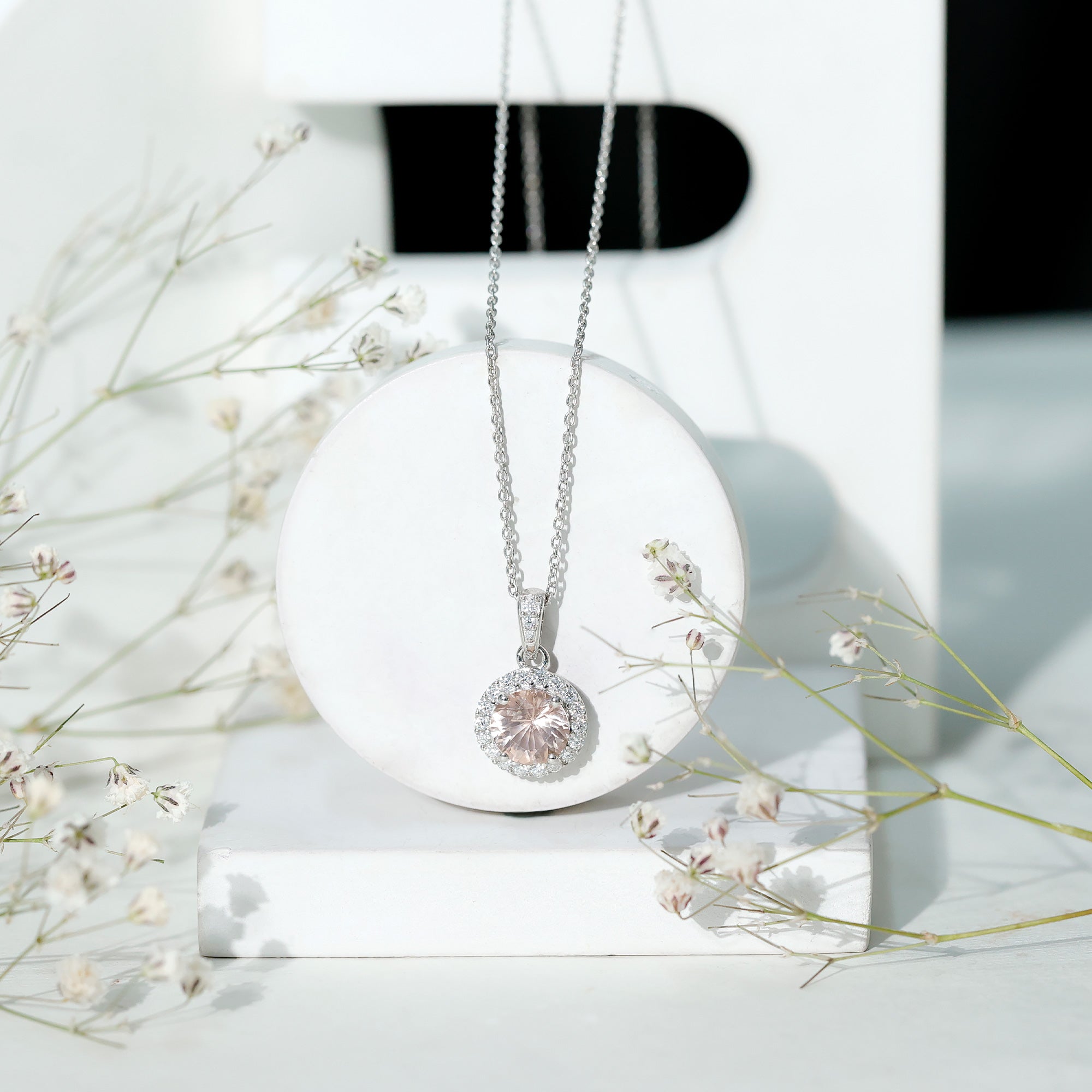 Natural 8mm Peach Morganite Solitaire Necklace With Silver Chain