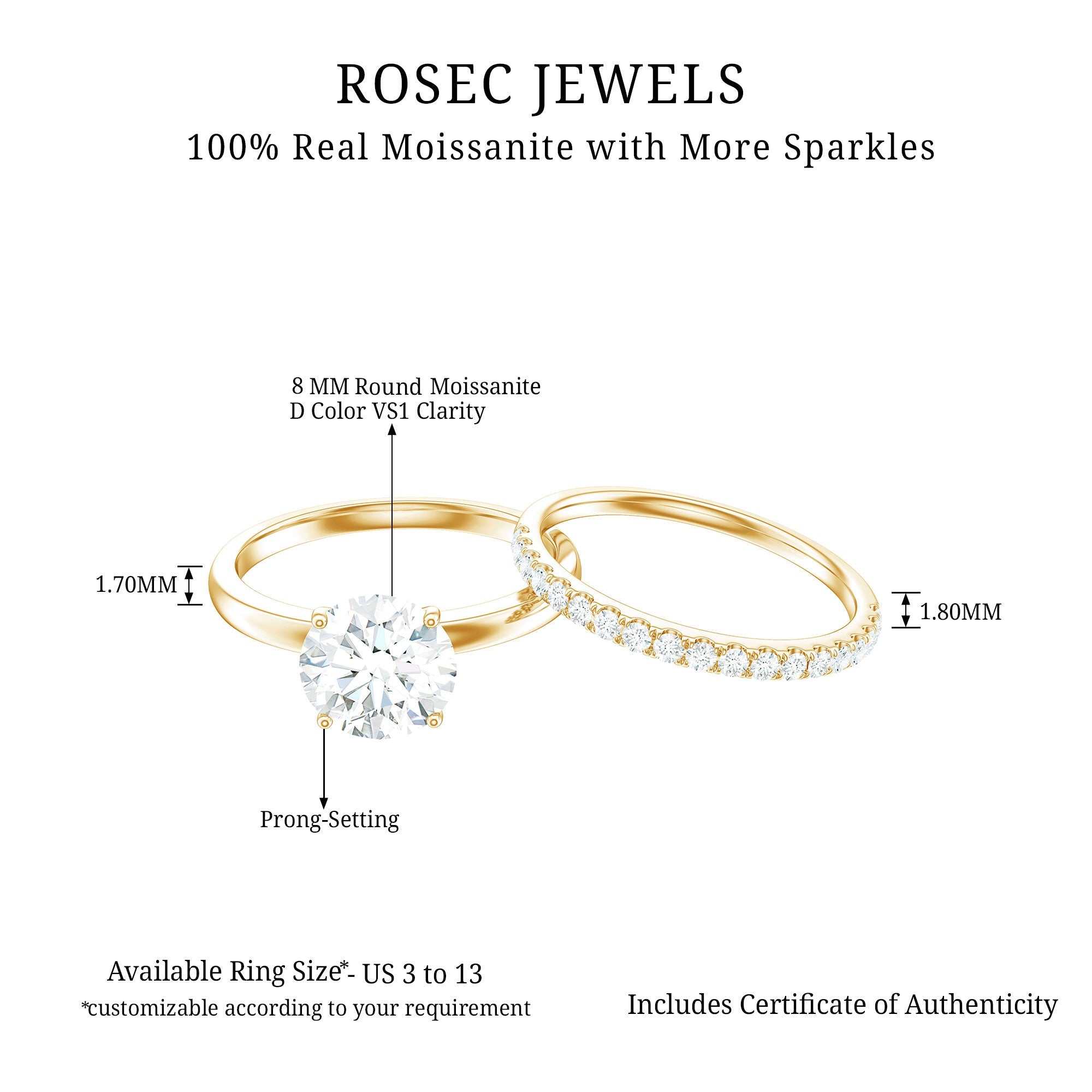 Certified 8 MM Moissanite Solitaire Wedding Ring Set in Gold Plated Silver