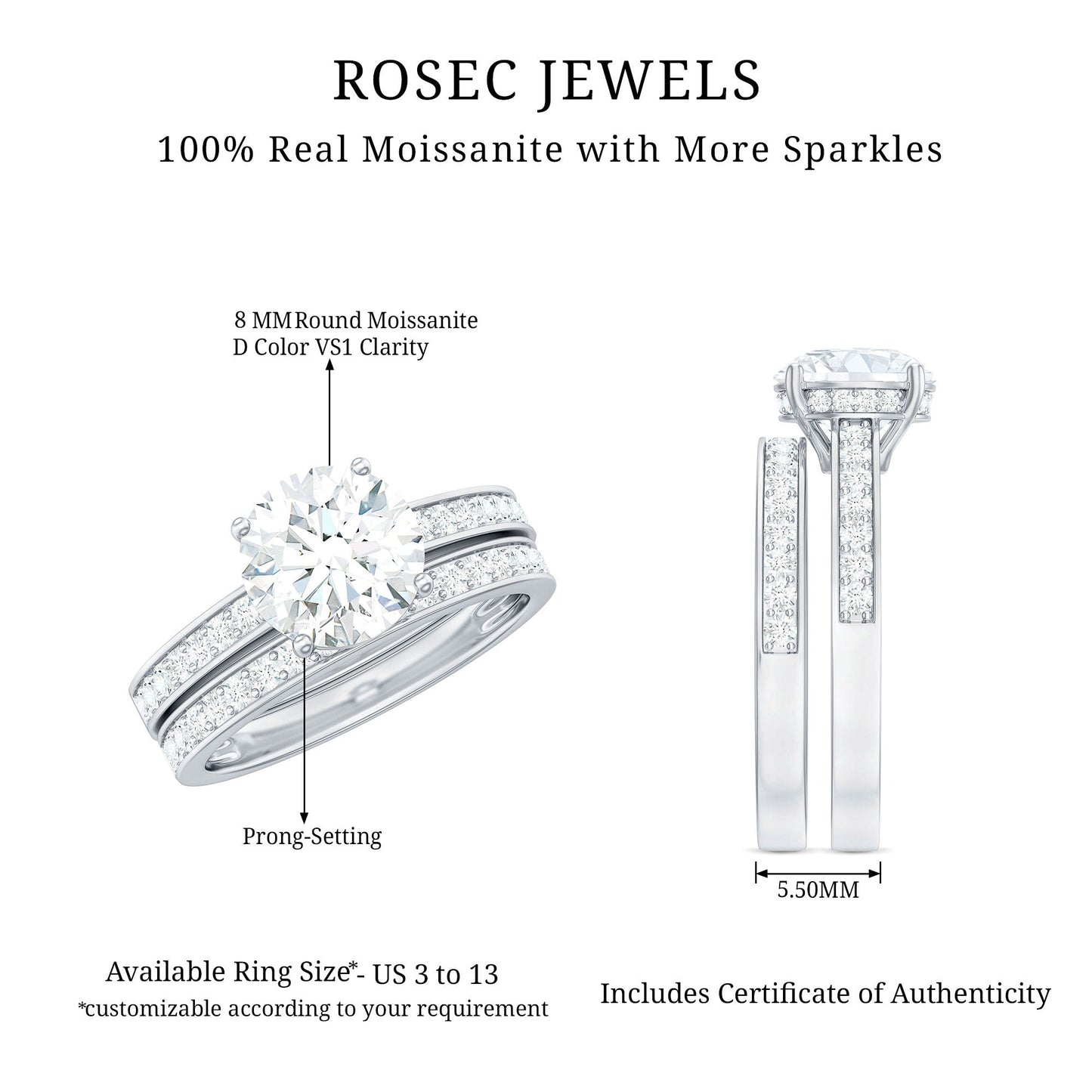 3 CT Solitaire Moissanite Engagement Silver Ring Set