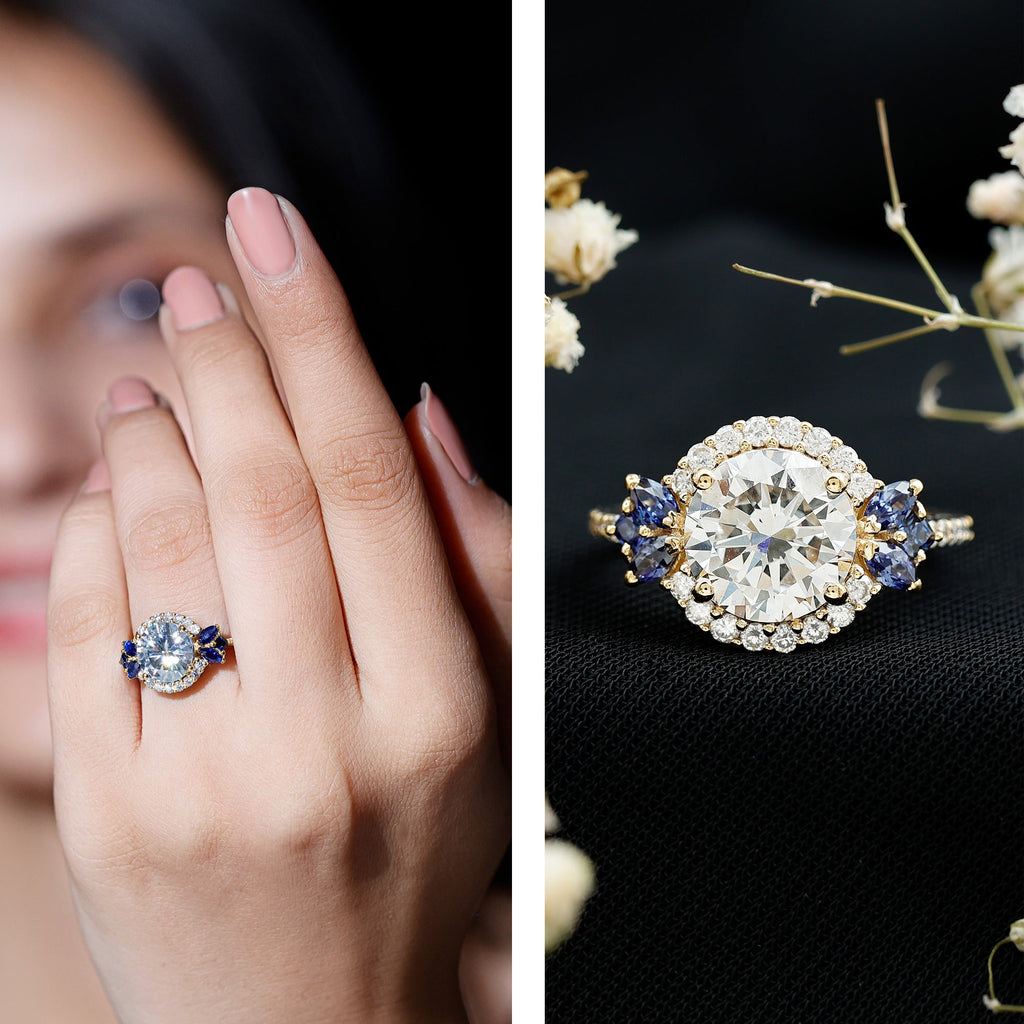 9 mm Lab Grown Diamond Halo Engagement Ring With Blue Sapphire