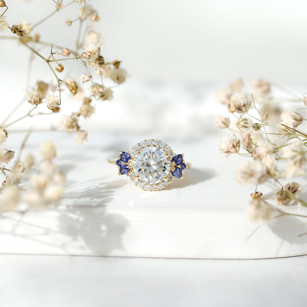 9 mm Lab Grown Diamond Halo Engagement Ring With Blue Sapphire