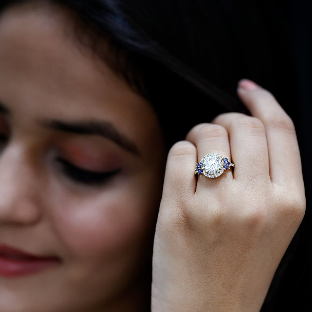 9 mm Lab Grown Diamond Halo Engagement Ring With Blue Sapphire