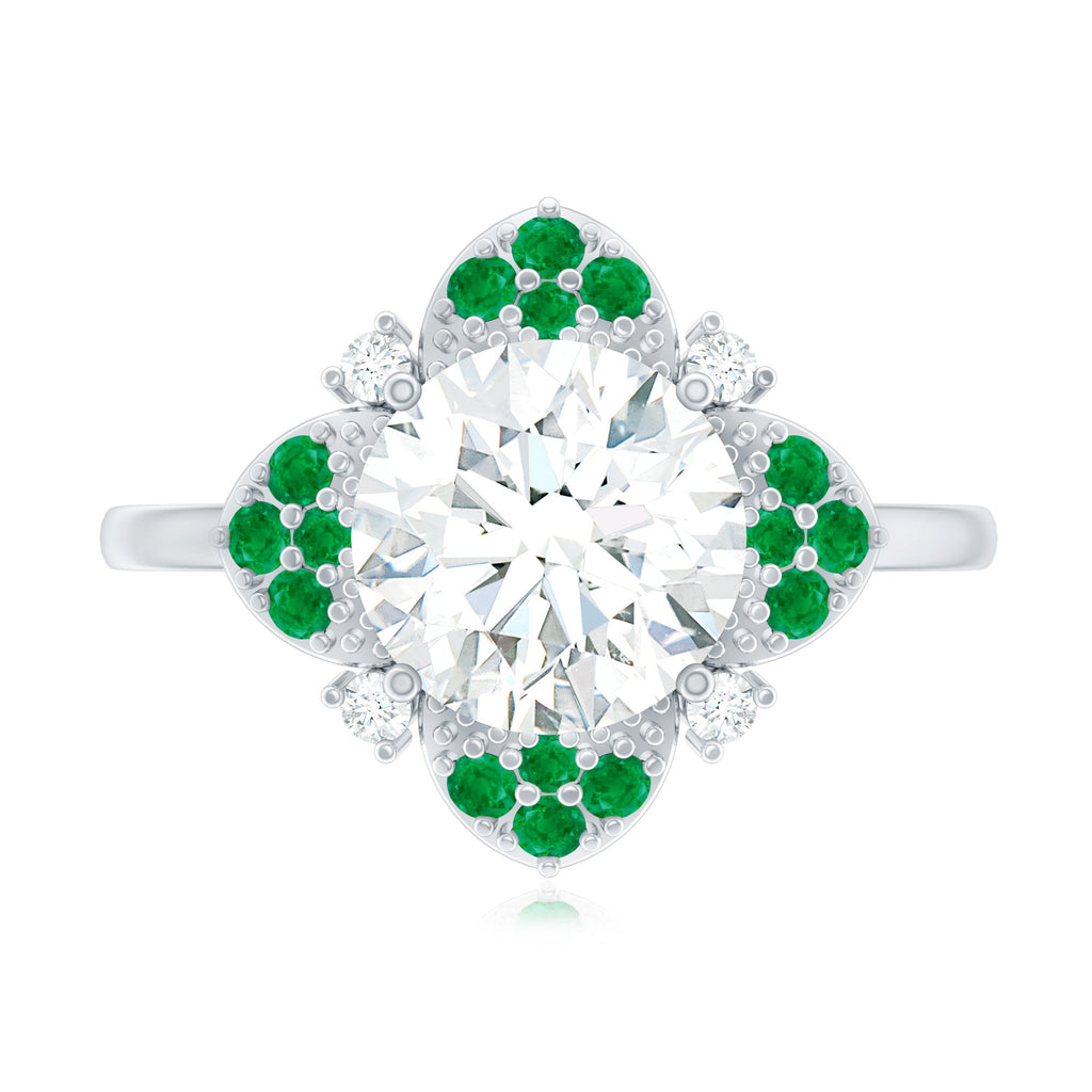 Certified Lab Grown Diamond Flower Engagement Ring With Emerald