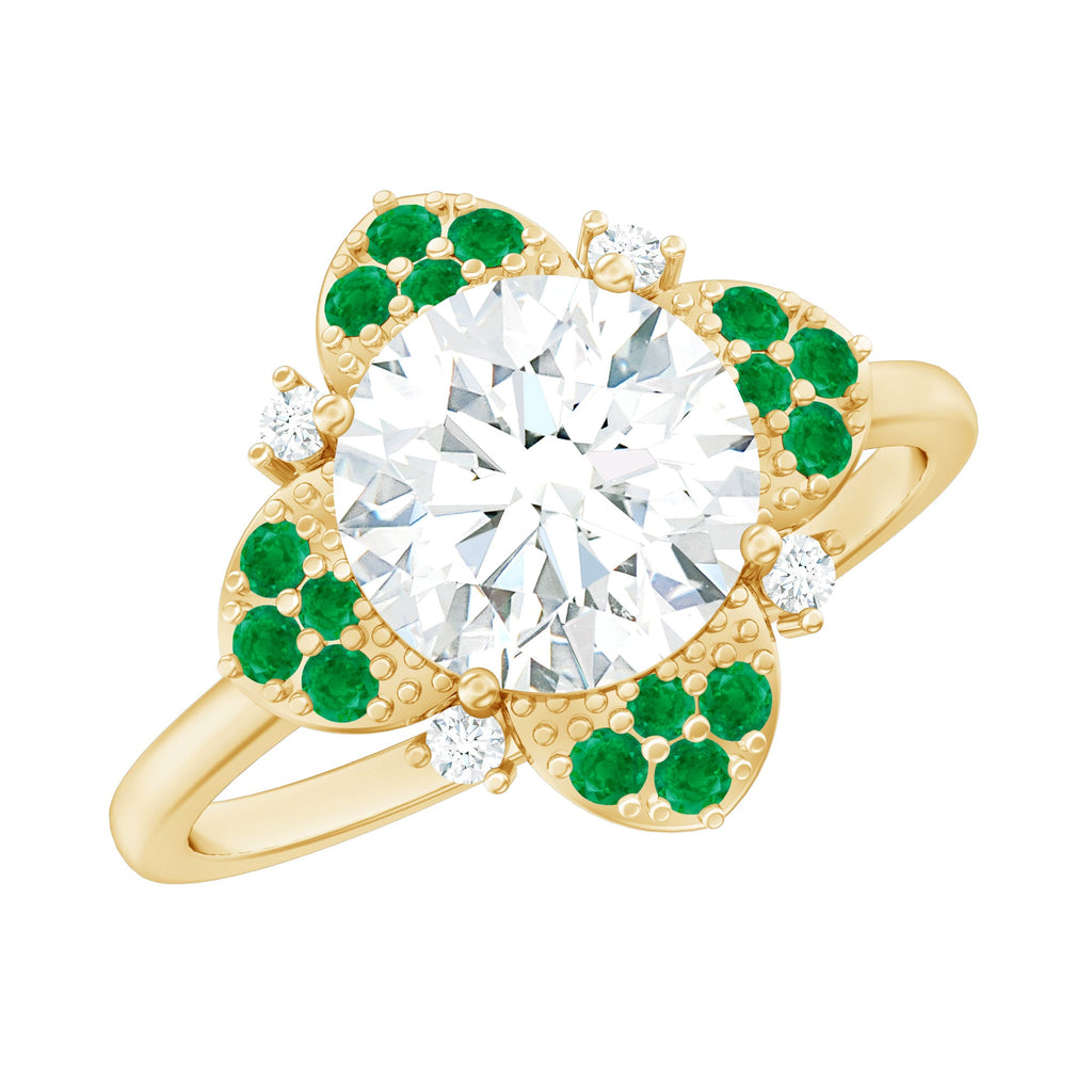 Certified Lab Grown Diamond Flower Engagement Ring With Emerald