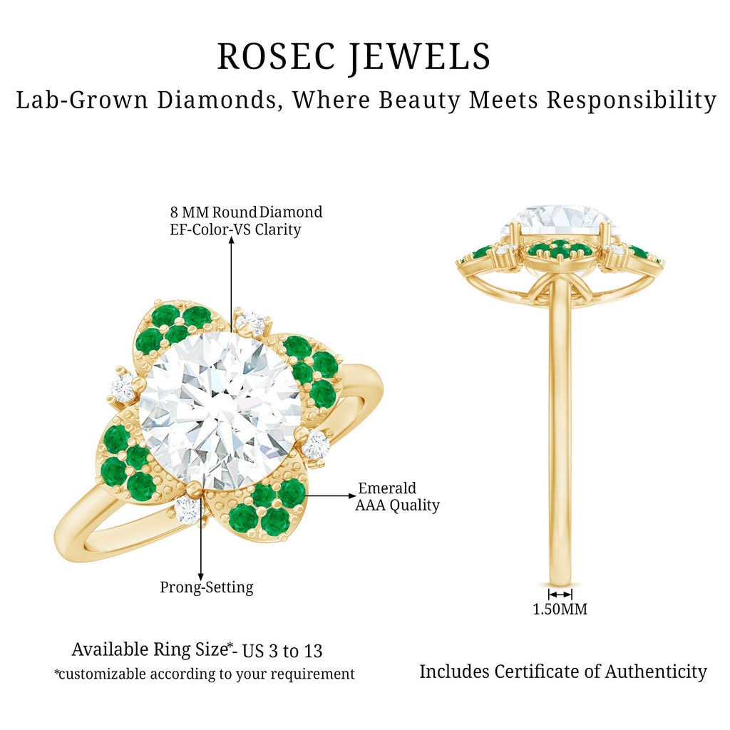 Certified Lab Grown Diamond Flower Engagement Ring With Emerald