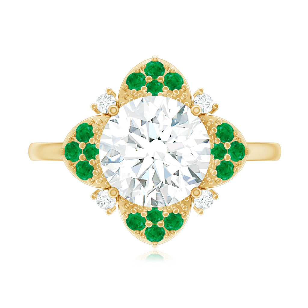 Certified Lab Grown Diamond Flower Engagement Ring With Emerald