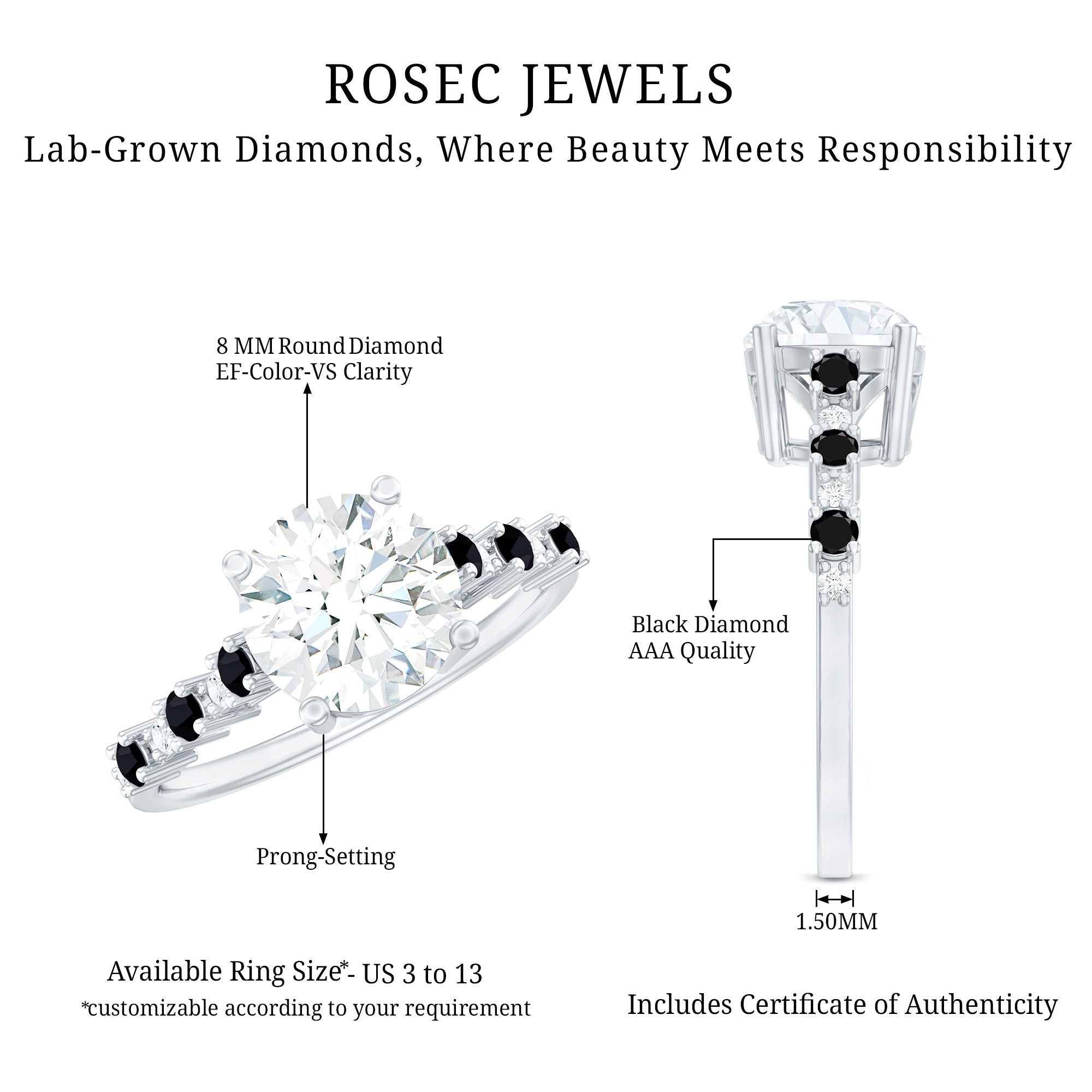 Lab Grown Diamond Designer Engagement Ring with Black Diamond