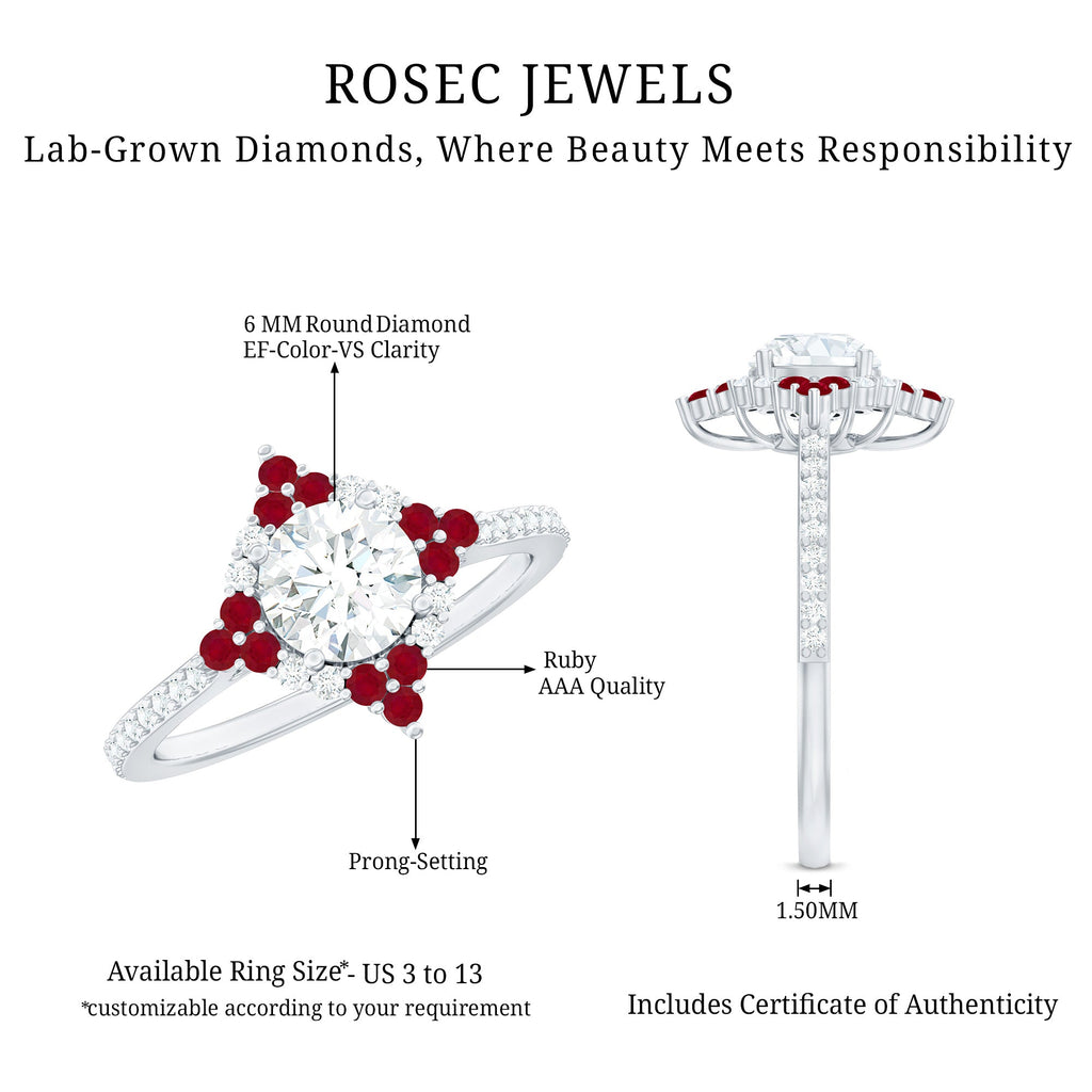 Certified Lab Grown Diamond Halo Engagement Ring with Ruby