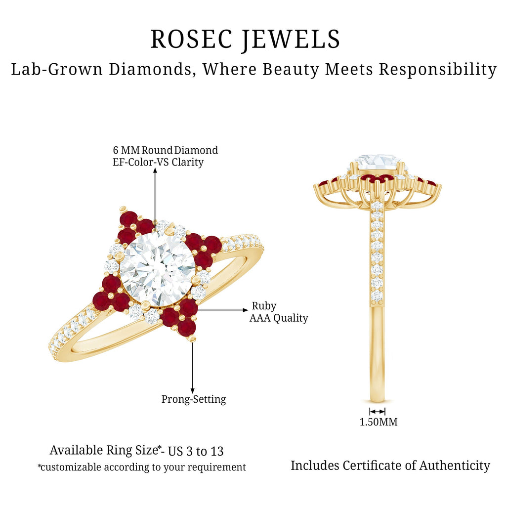 Certified Lab Grown Diamond Halo Engagement Ring with Ruby