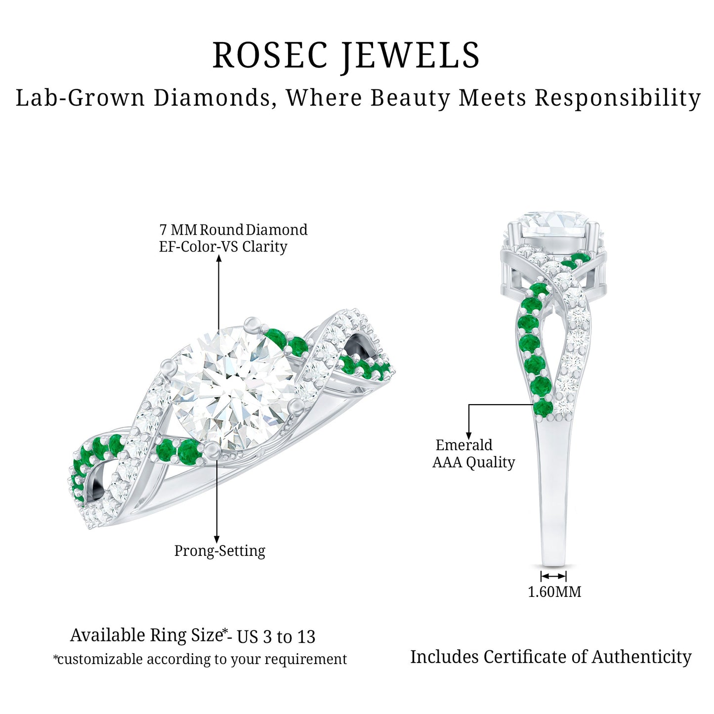 Lab Grown Diamond Crossover Engagement Ring with Emerald