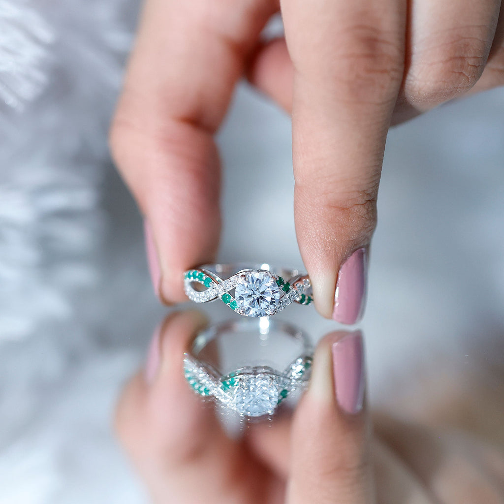 Lab Grown Diamond Crossover Engagement Ring with Emerald