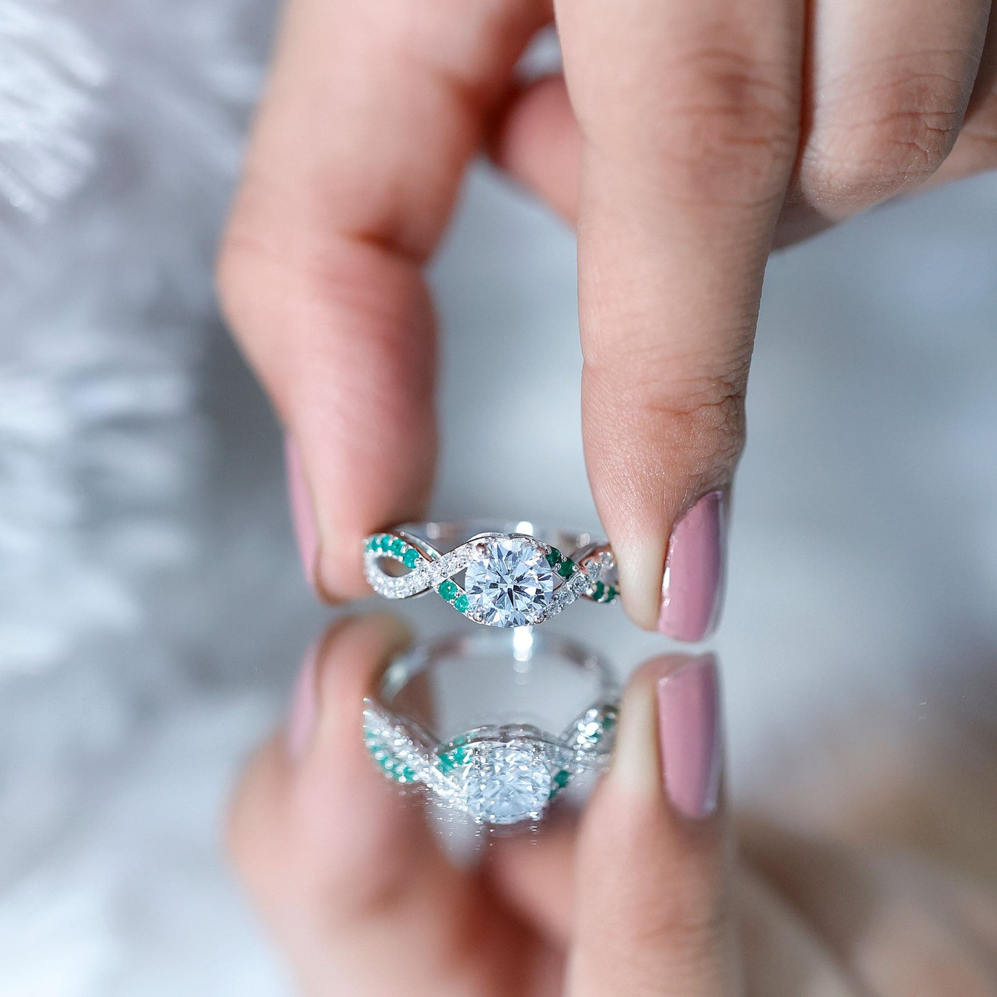 Lab Grown Diamond Crossover Engagement Ring with Emerald