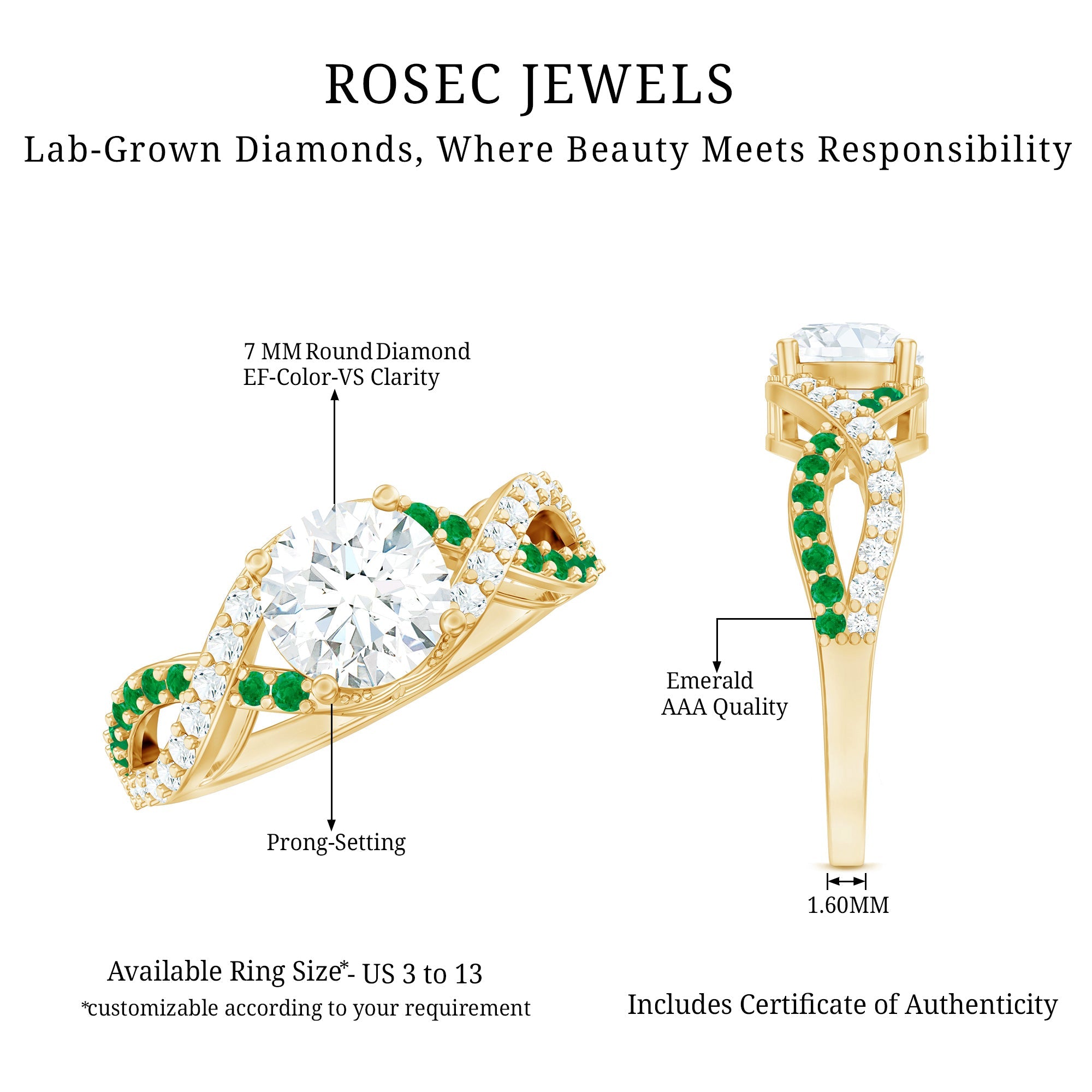 Lab Grown Diamond Crossover Engagement Ring with Emerald