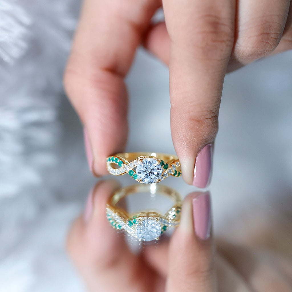 Lab Grown Diamond Crossover Engagement Ring with Emerald