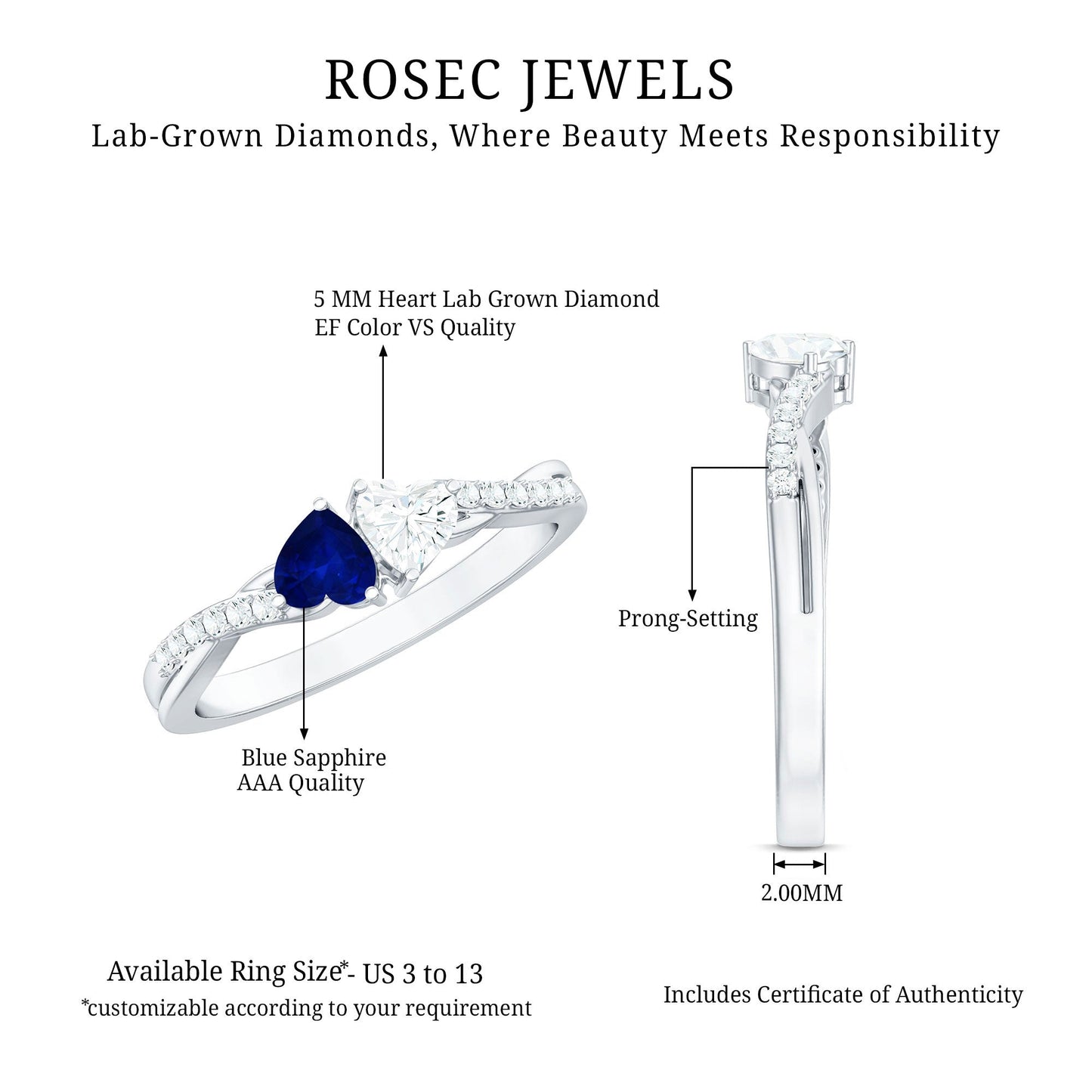 Certified Lab Grown Diamond Sapphire Toi Et Moi Promise Ring