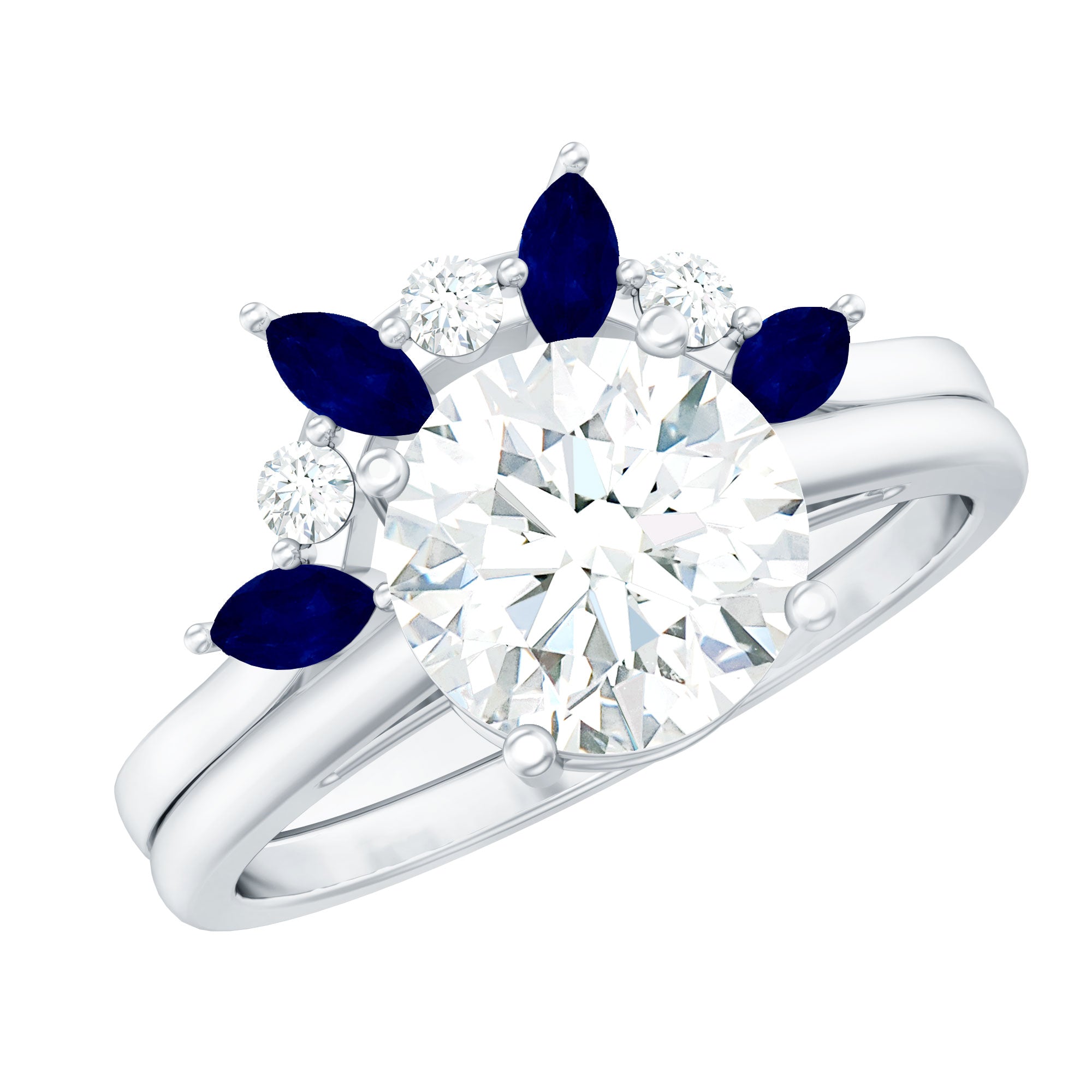 Certified Lab Grown Diamond Designer Engagement Ring Set With Sapphire