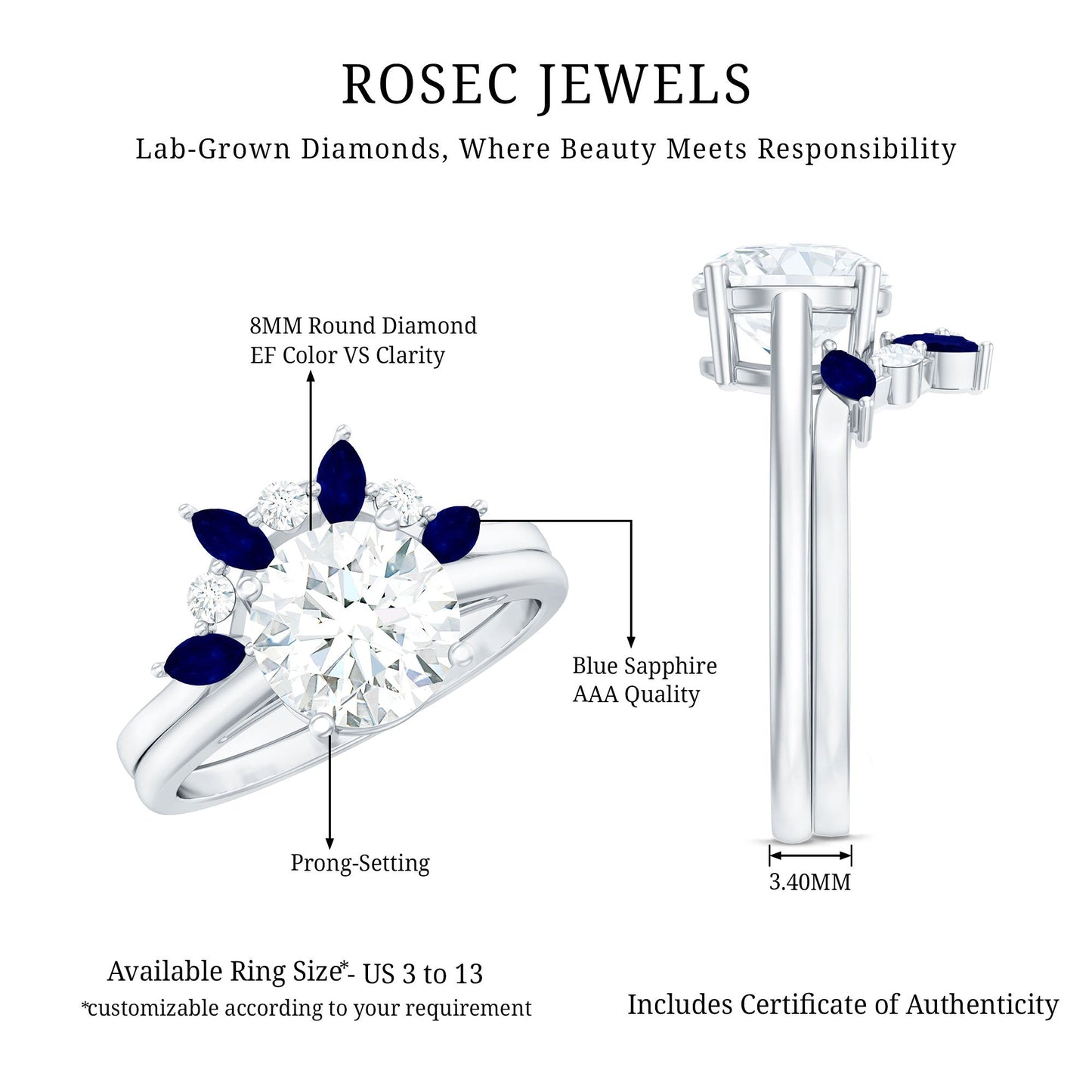 Certified Lab Grown Diamond Designer Engagement Ring Set With Sapphire