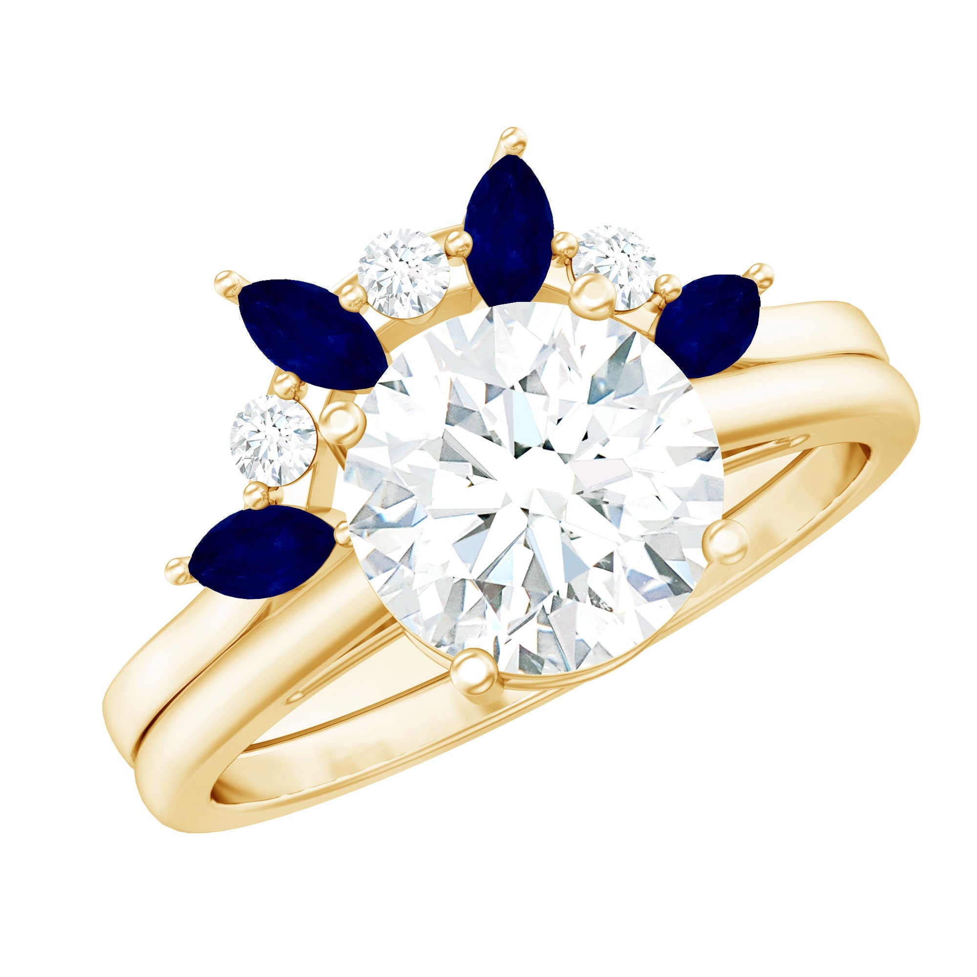 Certified Lab Grown Diamond Designer Engagement Ring Set With Sapphire
