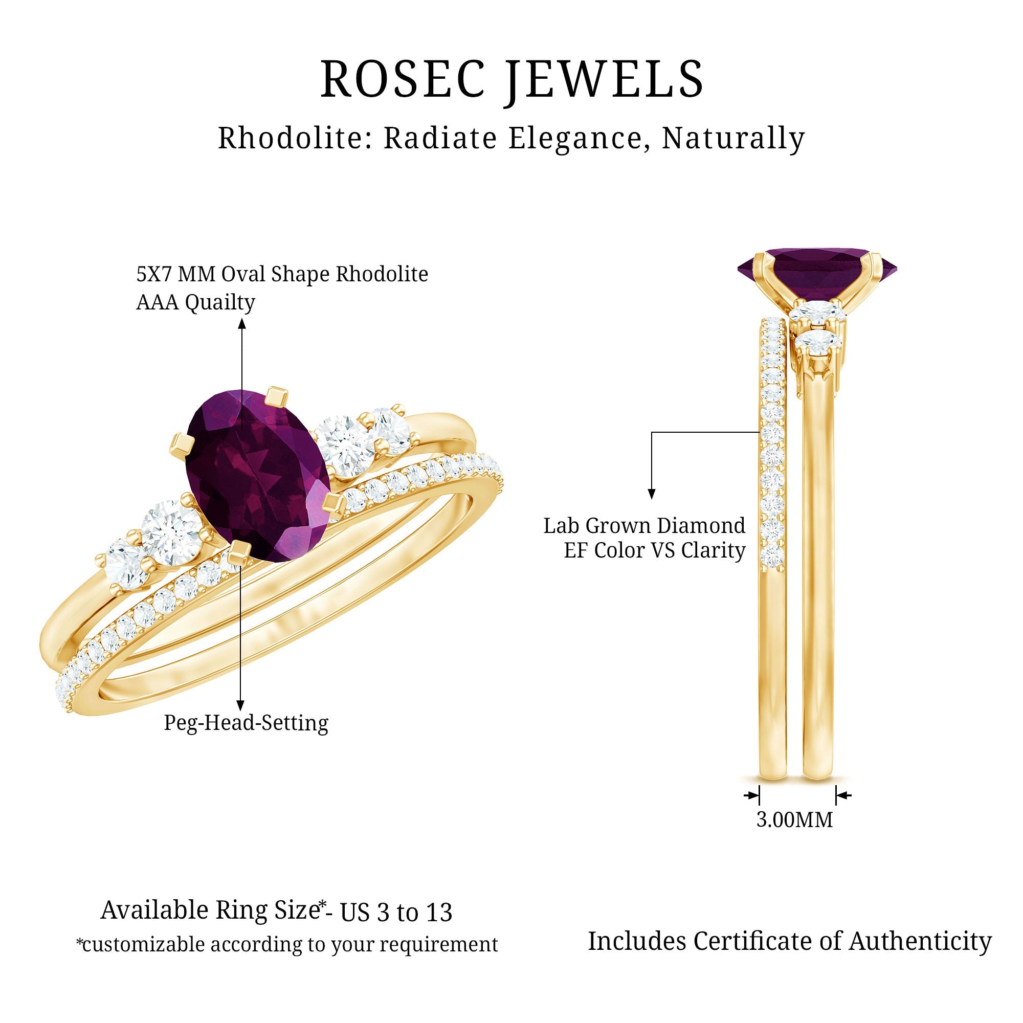 Genuine Rhodolite Oval Engagement Ring with Diamond Wedding Band