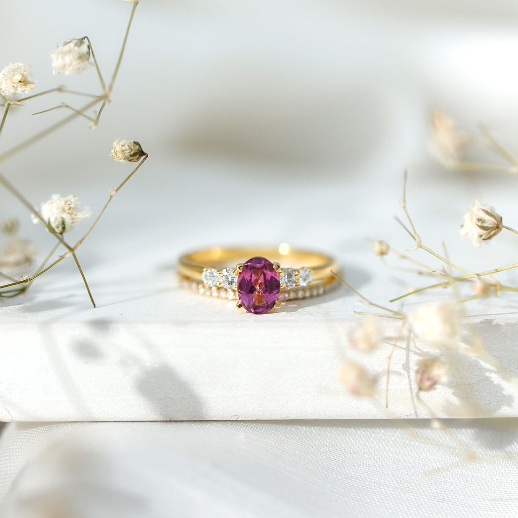 Genuine Rhodolite Oval Engagement Ring with Diamond Wedding Band