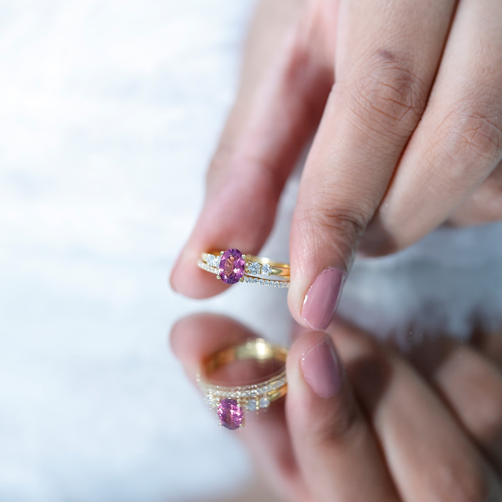 Genuine Rhodolite Oval Engagement Ring with Diamond Wedding Band