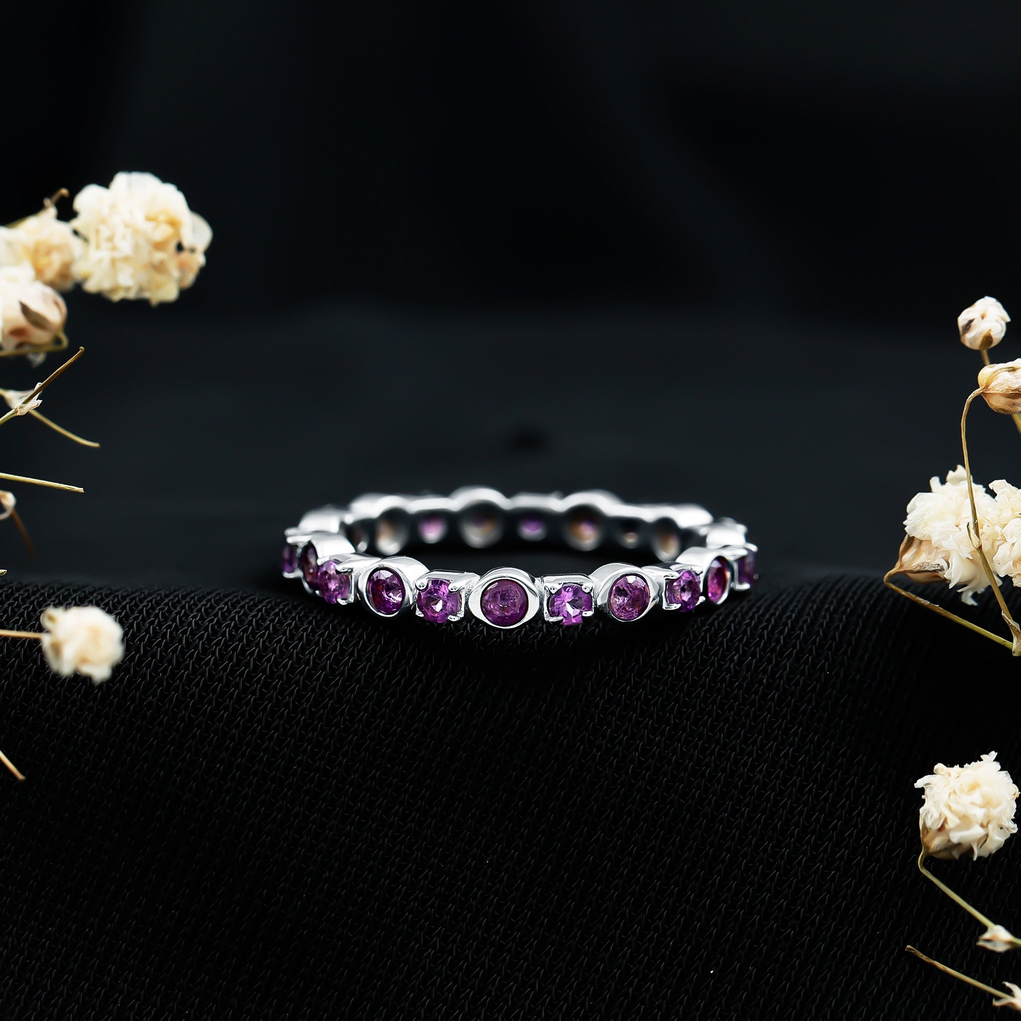 Natural Amethyst Eternity Wedding Band in Gold Plated Silver