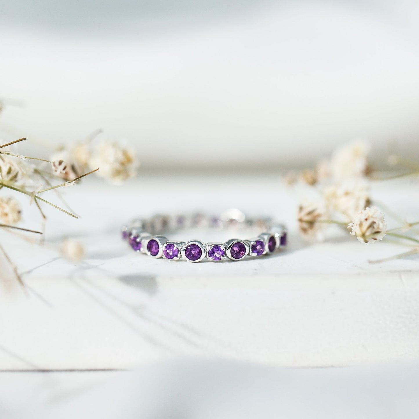 Natural Amethyst Eternity Wedding Band in Gold Plated Silver