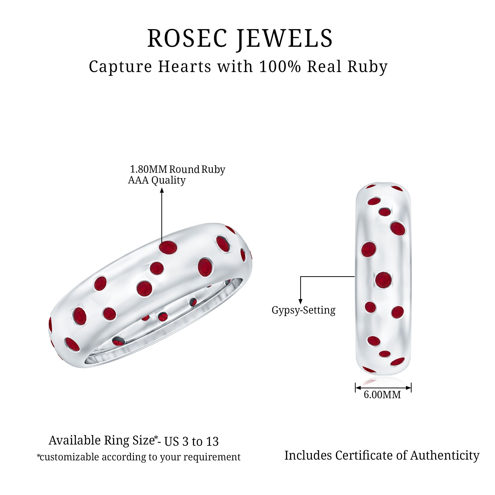 1 CT Scattered Ruby Silver Band Ring