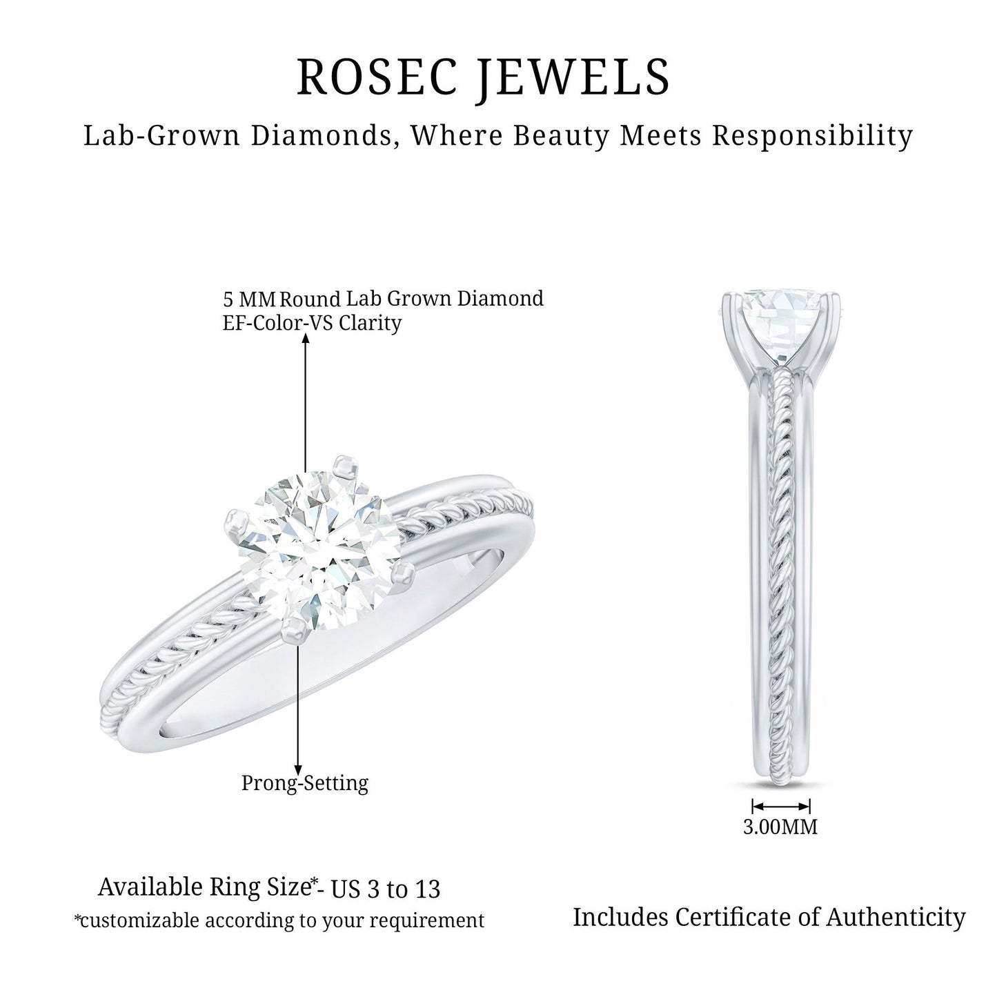 Certified Lab Grown Diamond 5 MM Round Solitaire Promise Ring