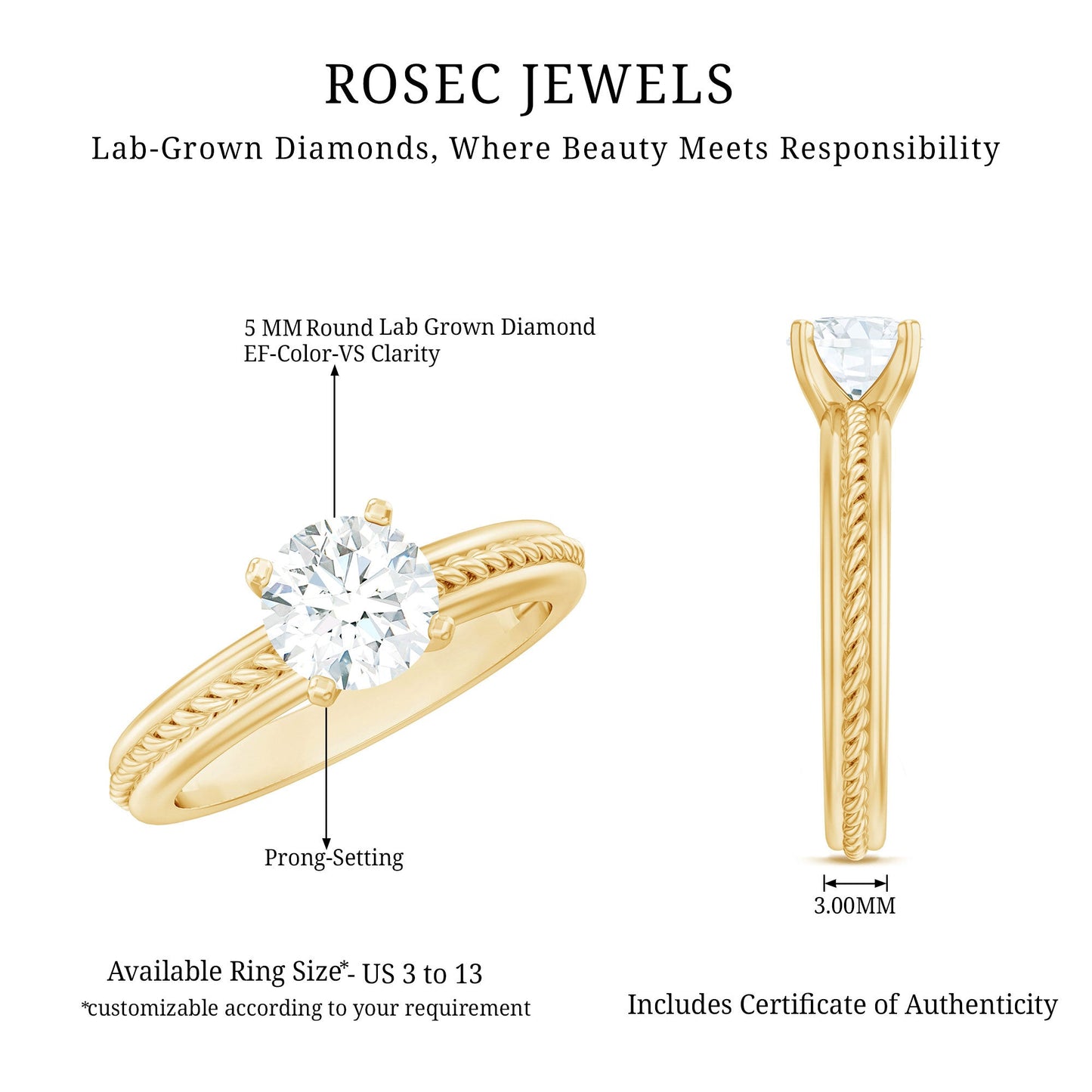 Certified Lab Grown Diamond 5 MM Round Solitaire Promise Ring