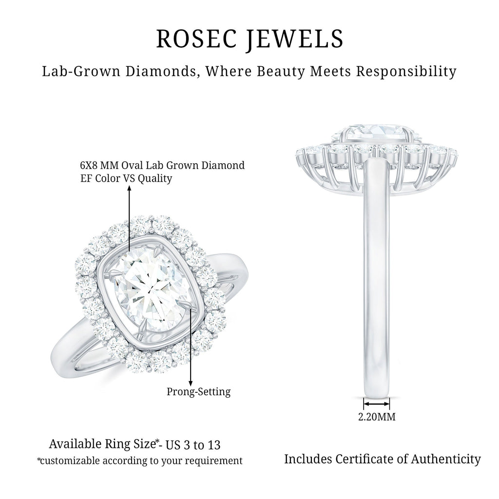 Certified 6X8 MM Oval Lab Grown Diamond Halo Engagement Ring