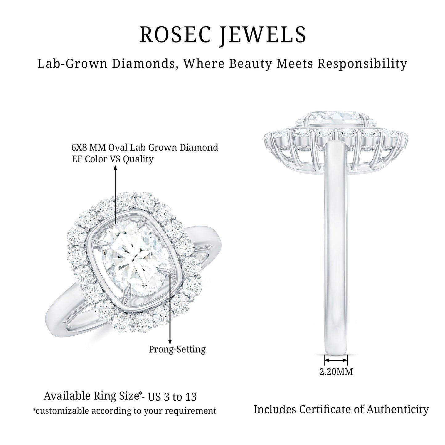 Certified 6X8 MM Oval Lab Grown Diamond Halo Engagement Ring