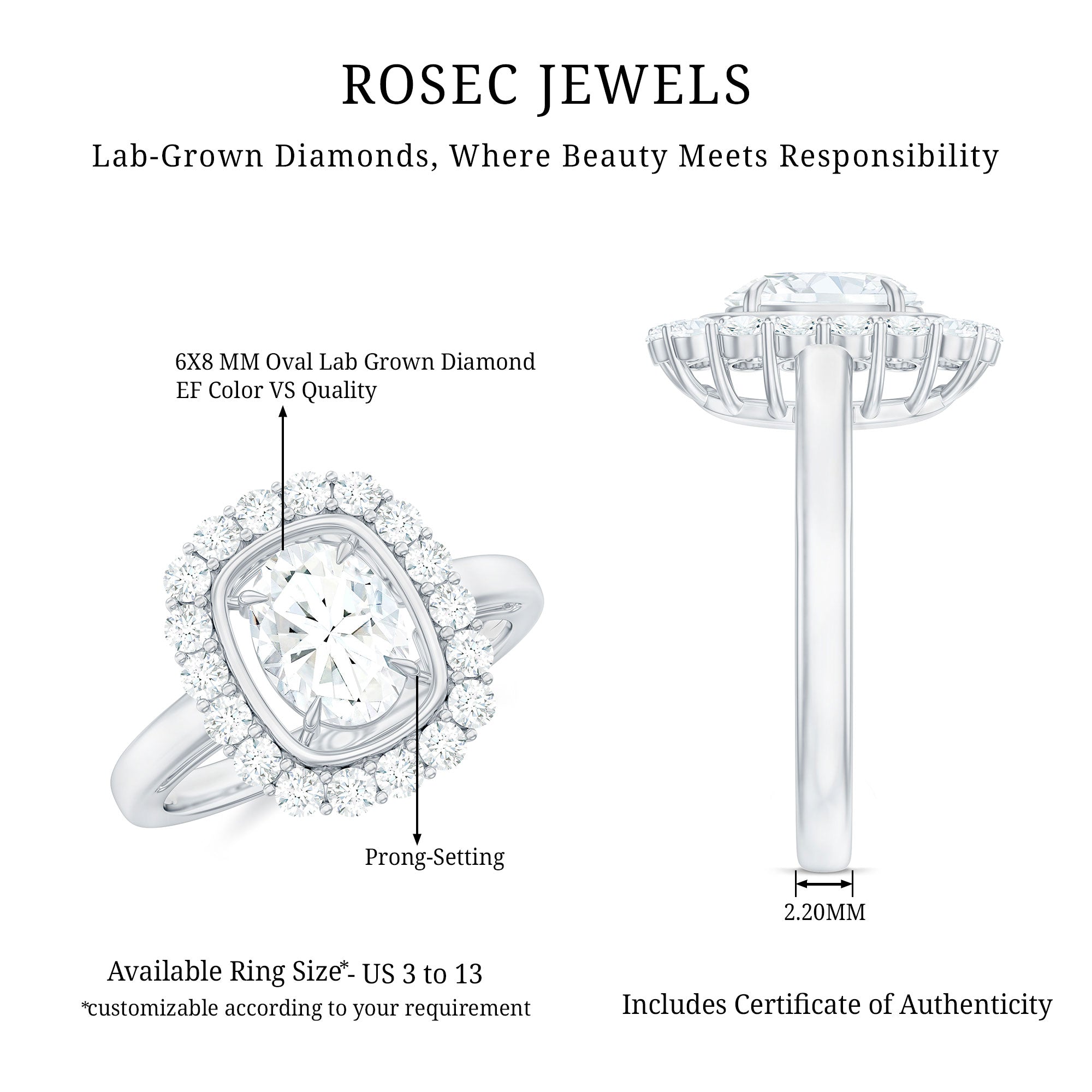 Certified 6X8 MM Oval Lab Grown Diamond Halo Engagement Ring