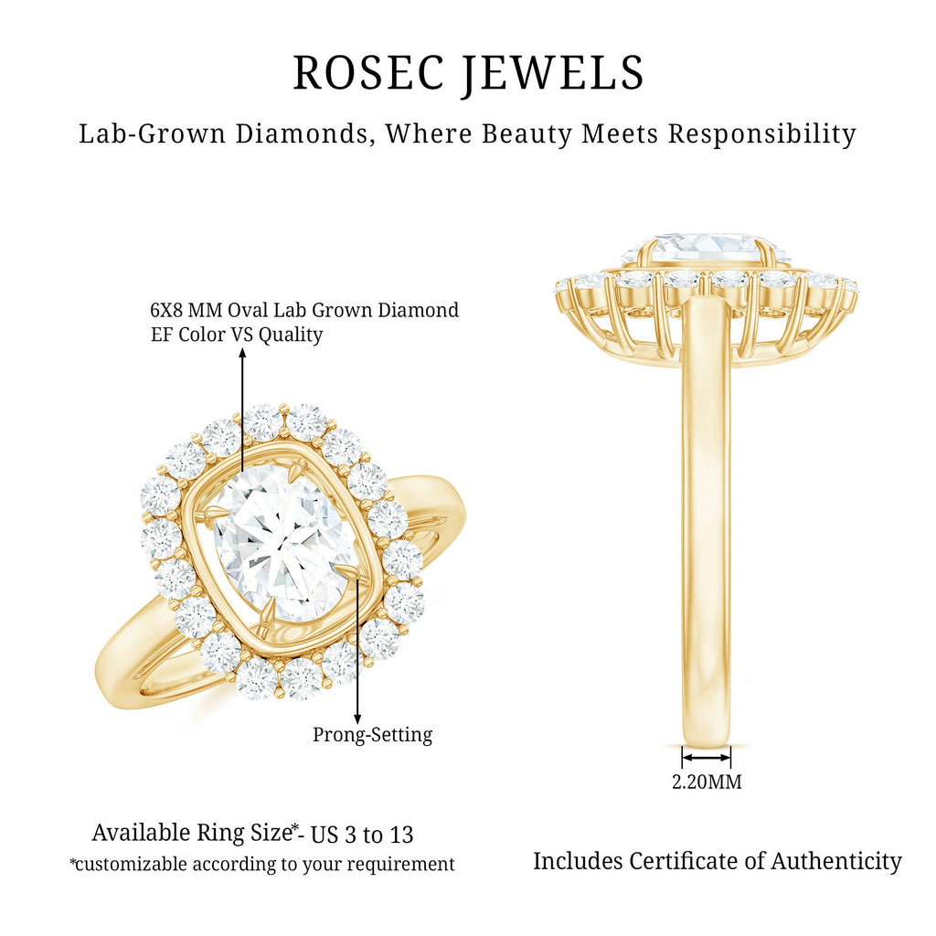 Certified 6X8 MM Oval Lab Grown Diamond Halo Engagement Ring