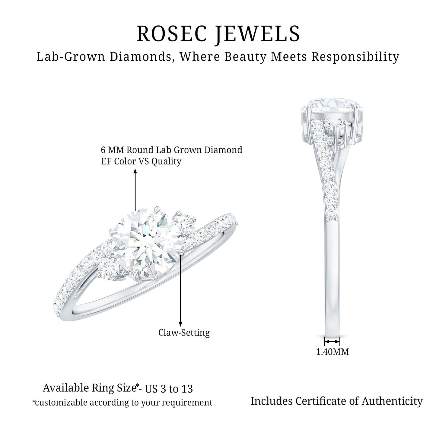 Lab Grown Diamond 6 MM Solitaire Engagement Ring With Side Stones