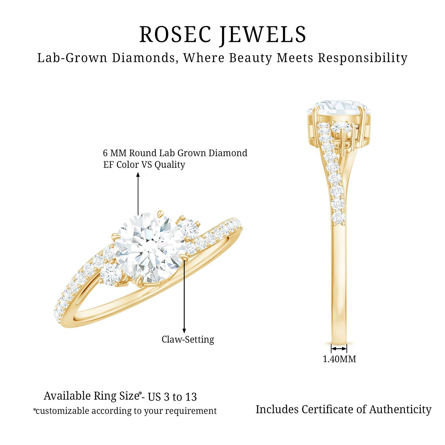 Lab Grown Diamond 6 MM Solitaire Engagement Ring With Side Stones