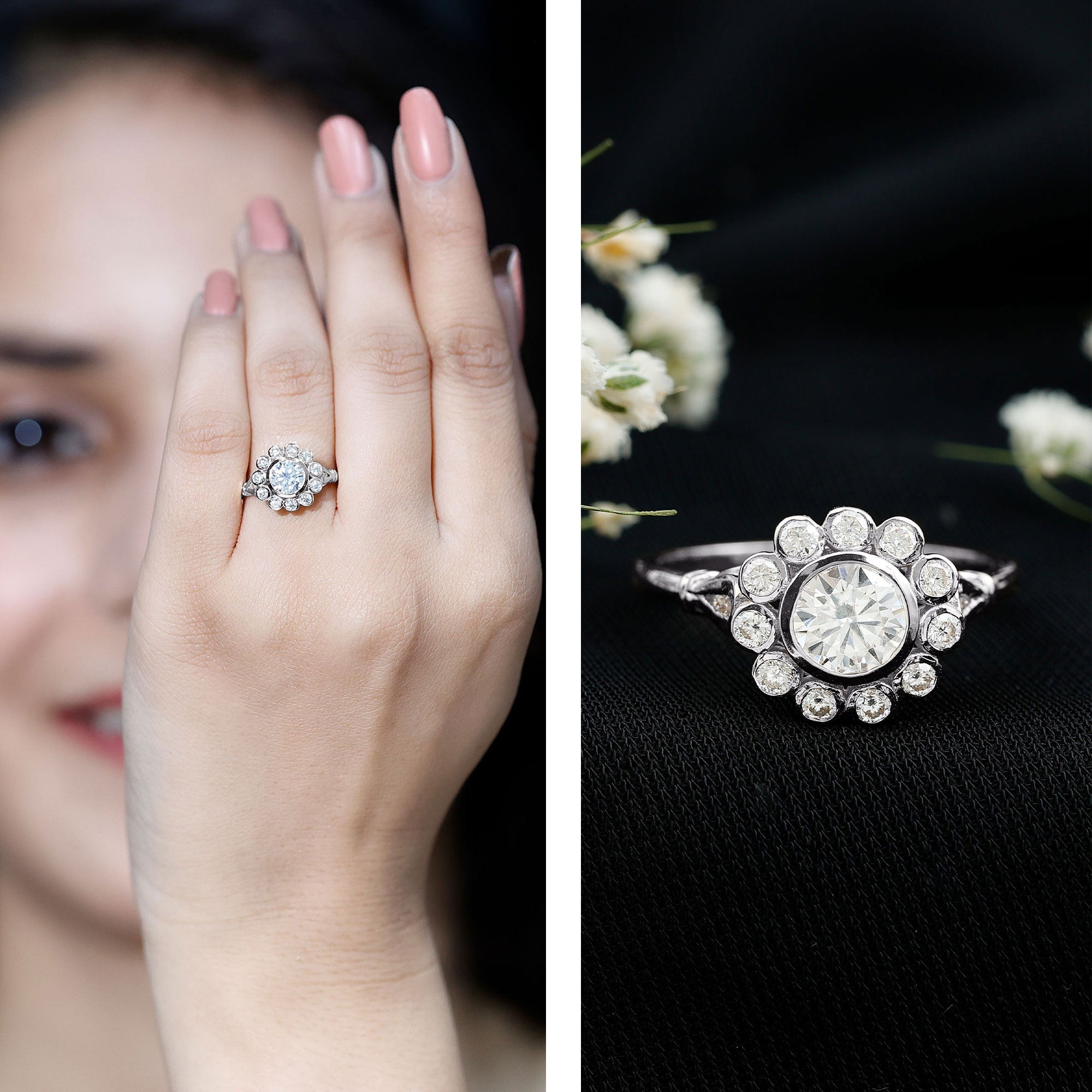 Lab Created Diamond Flower Engagement Ring for Women
