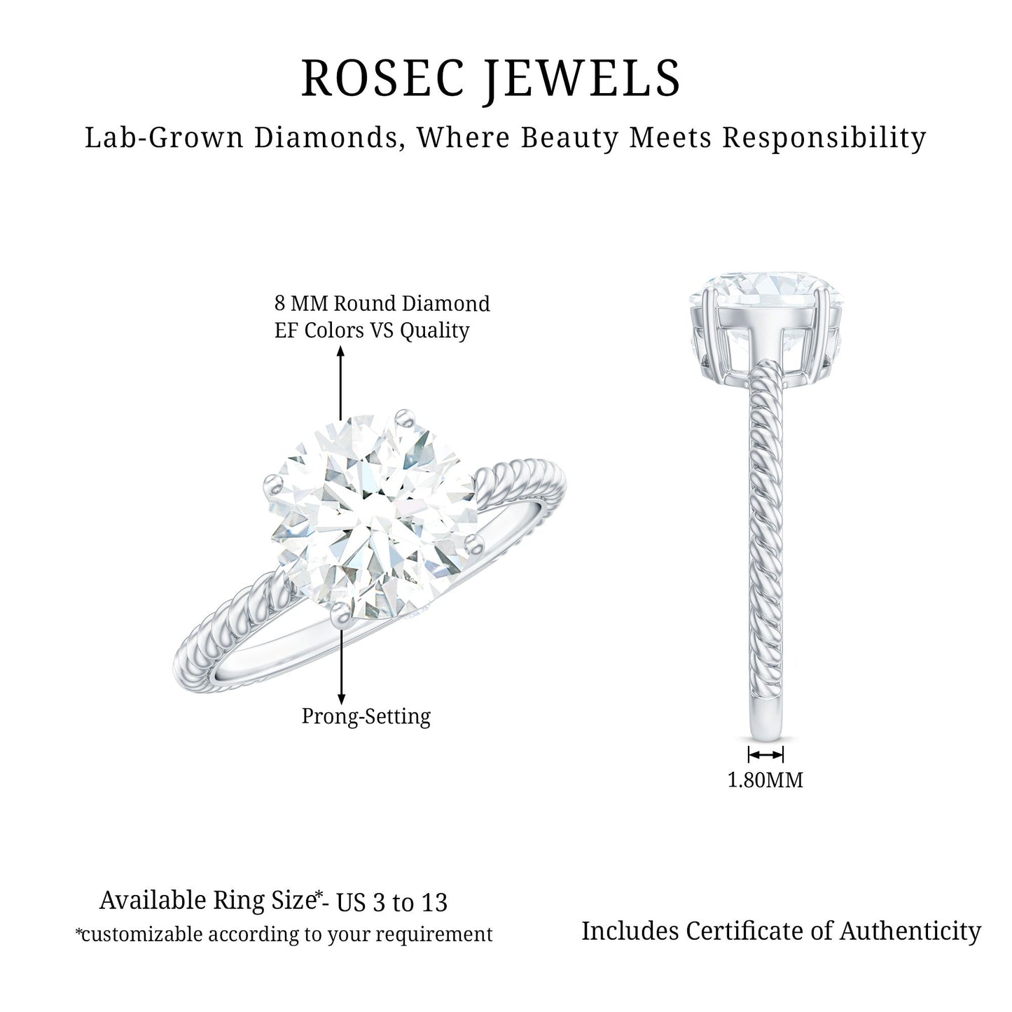 2 Carat Lab Grown Diamond Engagement Ring With Twisted Rope