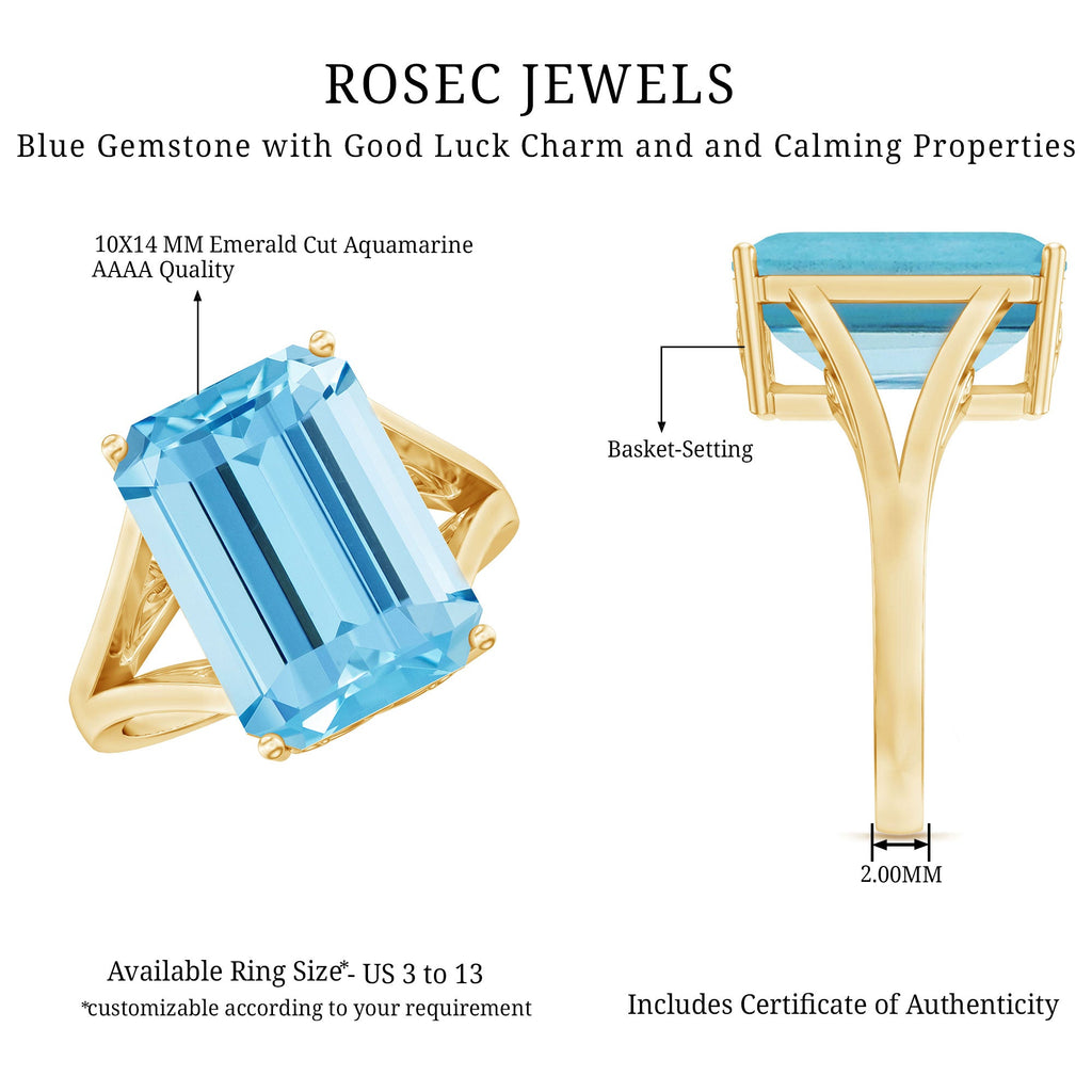 Aquamarine Emerald Cut Engagement Ring in Yellow Gold Plated Silver