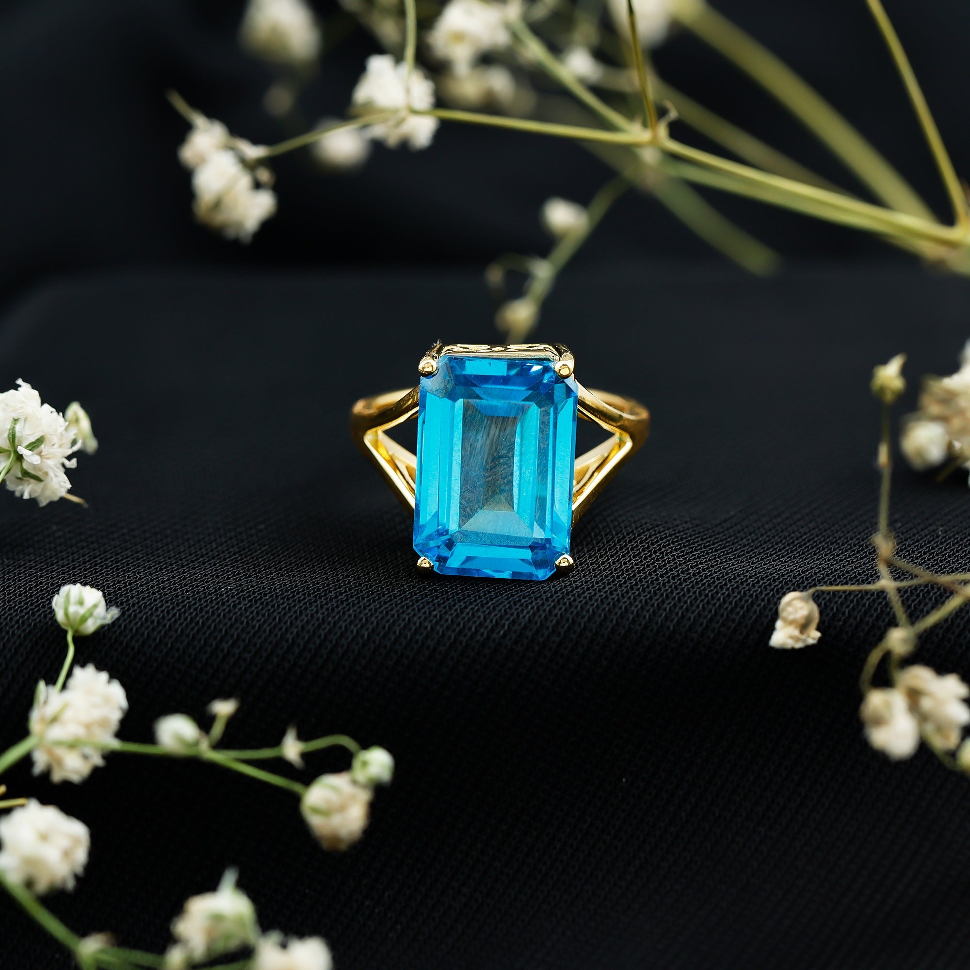 Aquamarine Emerald Cut Engagement Ring in Yellow Gold Plated Silver