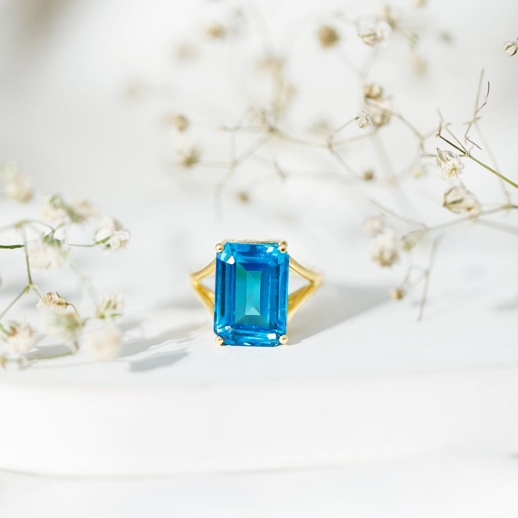 Aquamarine Emerald Cut Engagement Ring in Yellow Gold Plated Silver