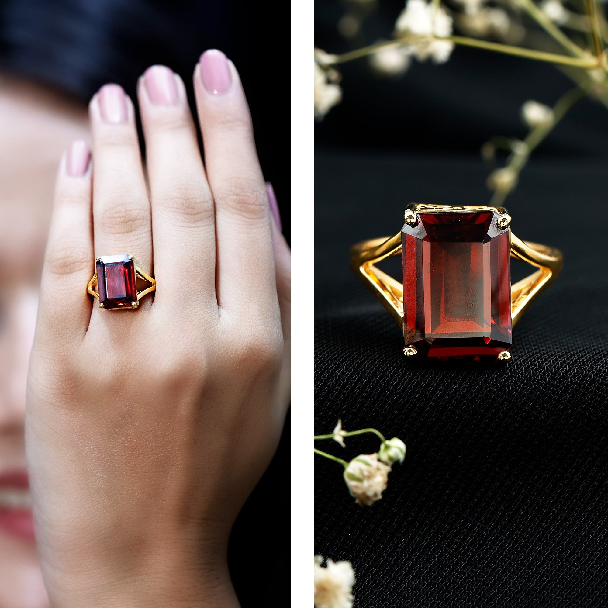 Lab Grown Garnet 10X14 MM Emerald Cut Engagement Ring with Split Shank