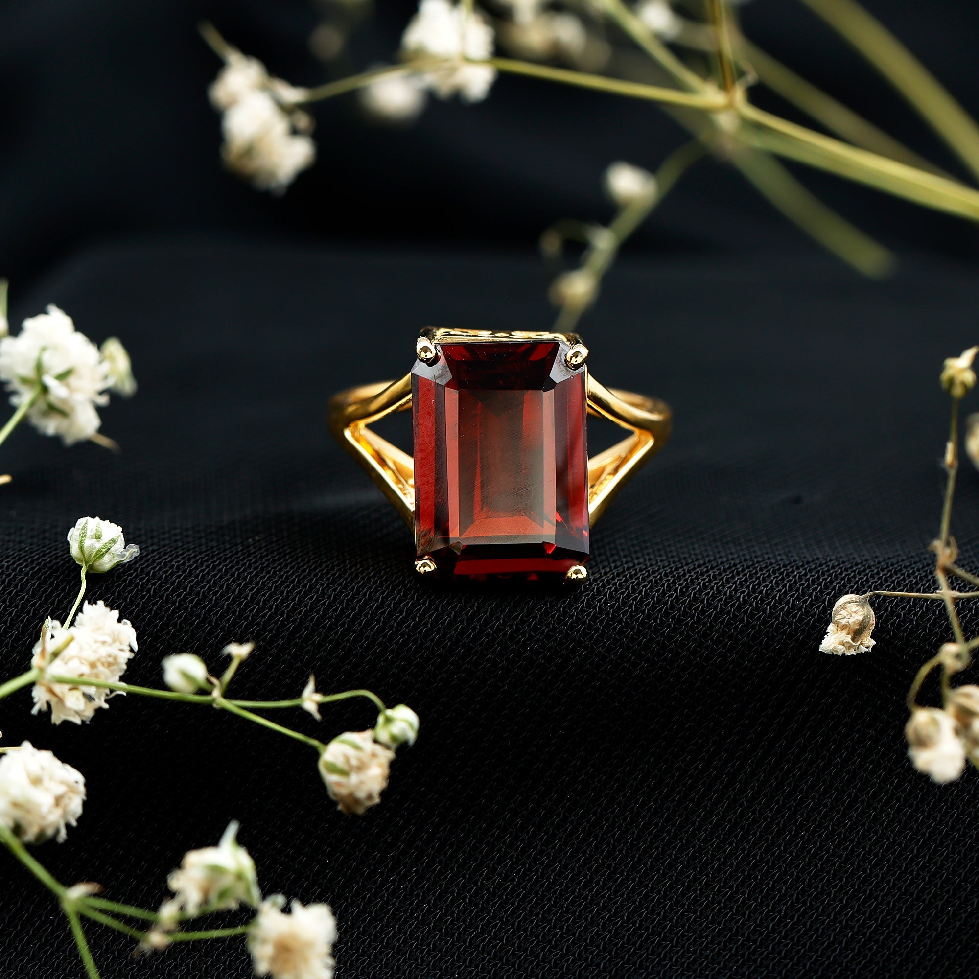 Lab Grown Garnet 10X14 MM Emerald Cut Engagement Ring with Split Shank