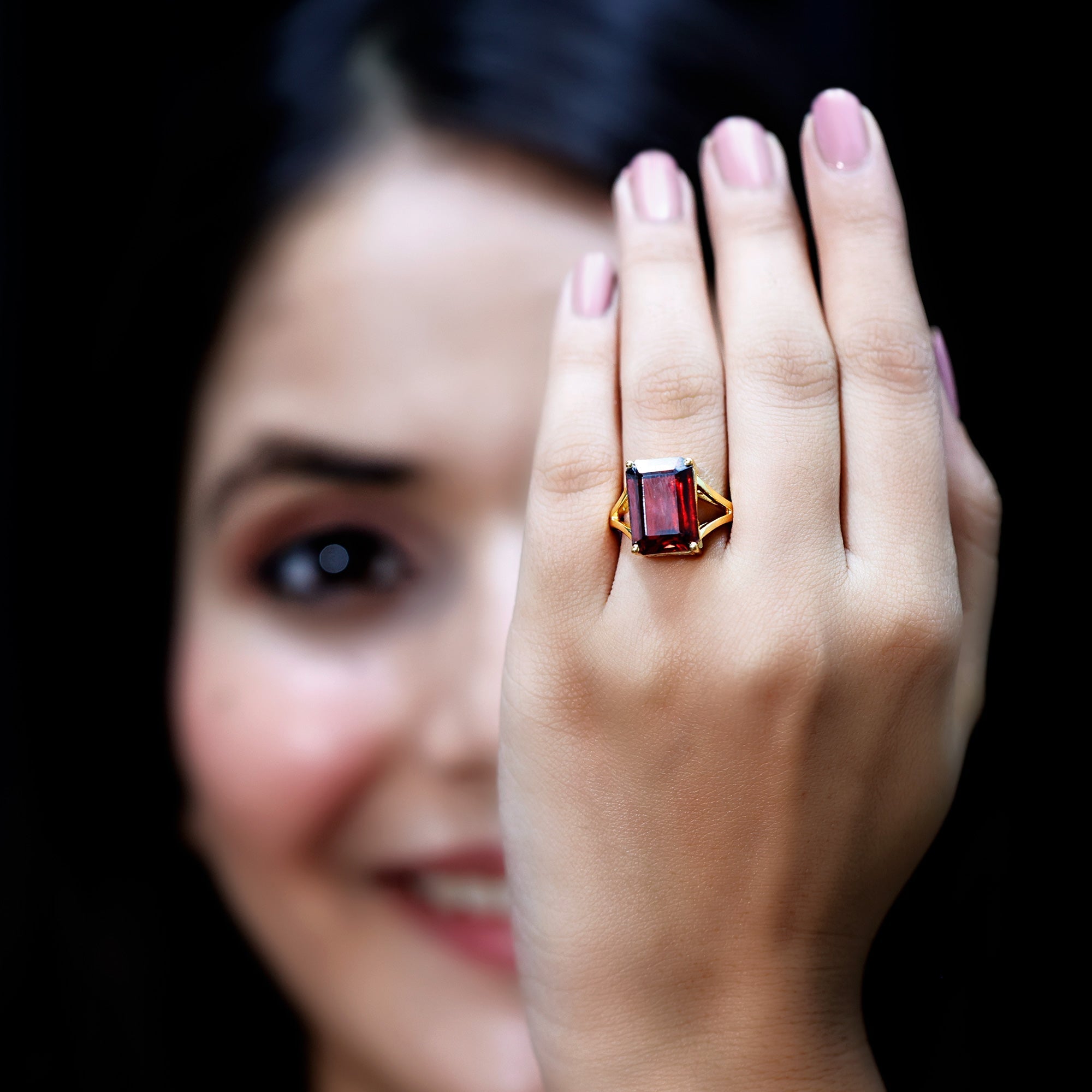 Lab Grown Garnet 10X14 MM Emerald Cut Engagement Ring with Split Shank