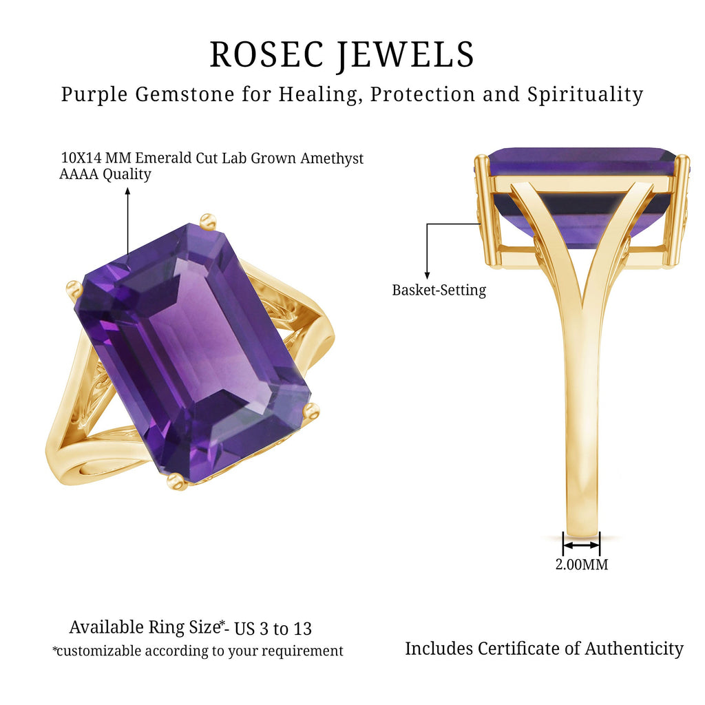 Certified 10X14 MM Emerald Cut Lab Grown Amethyst Engagement Ring