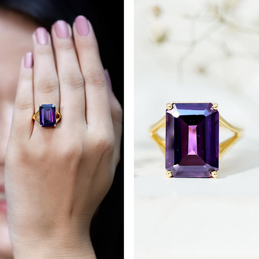 Certified 10X14 MM Emerald Cut Lab Grown Amethyst Engagement Ring