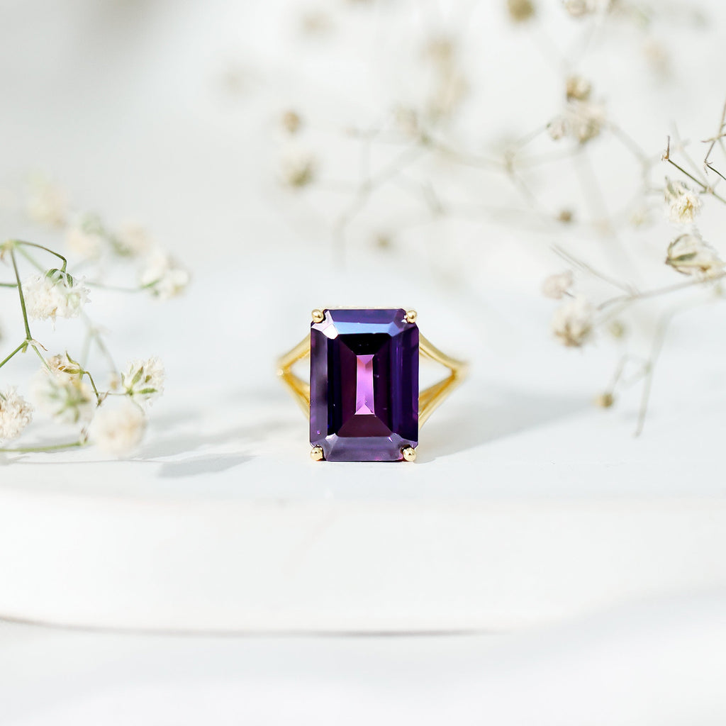 Certified 10X14 MM Emerald Cut Lab Grown Amethyst Engagement Ring